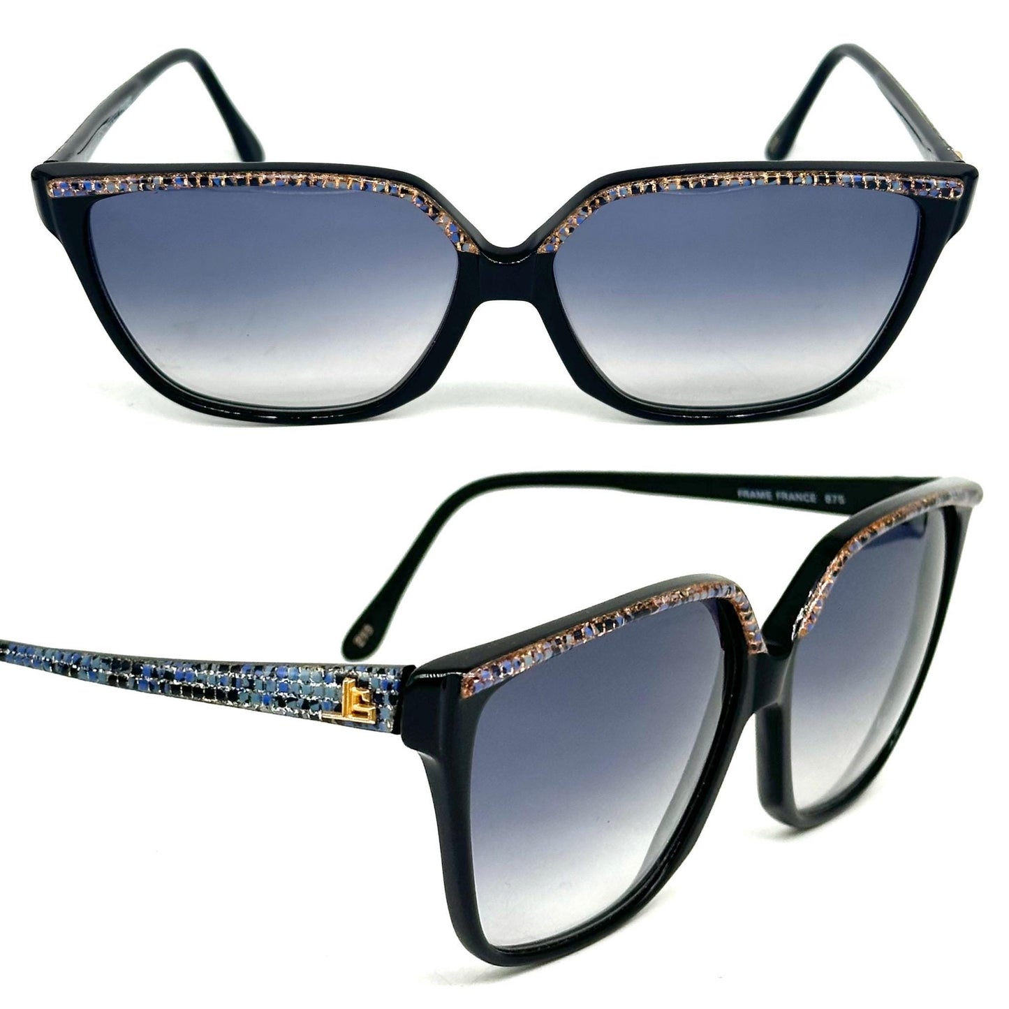 Jean-Louis Scherrer Paris frame 875 black oversize sunglasses with mosaic effect in gold/silver glitter and blue squares. 90s NOS France