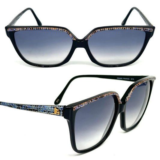 Jean-Louis Scherrer Paris frame 875 black oversize sunglasses with mosaic effect in gold/silver glitter and blue squares. 90s NOS France