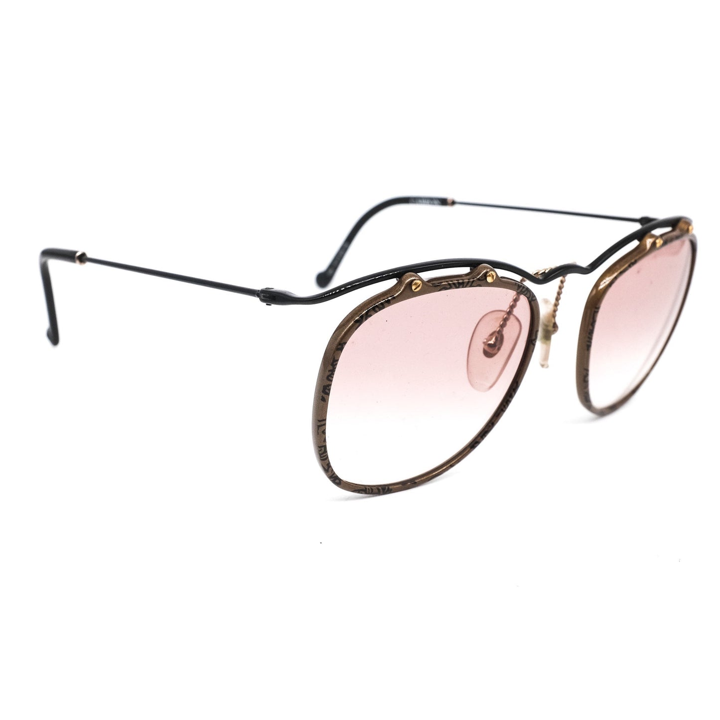 Christian Lacroix 7332 vintage round square sunglasses with black metal cable browline temples and brown acetate rim, 80s nos Germany