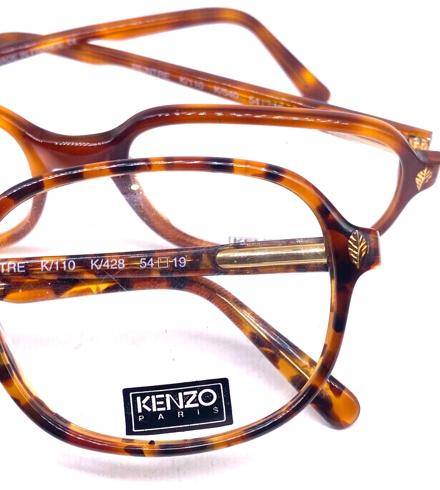 Kenzo K110 Peintre square tortoise cello eyeglasses w golden leaf pins, 2 colorways, NOs 80s Hand Made France