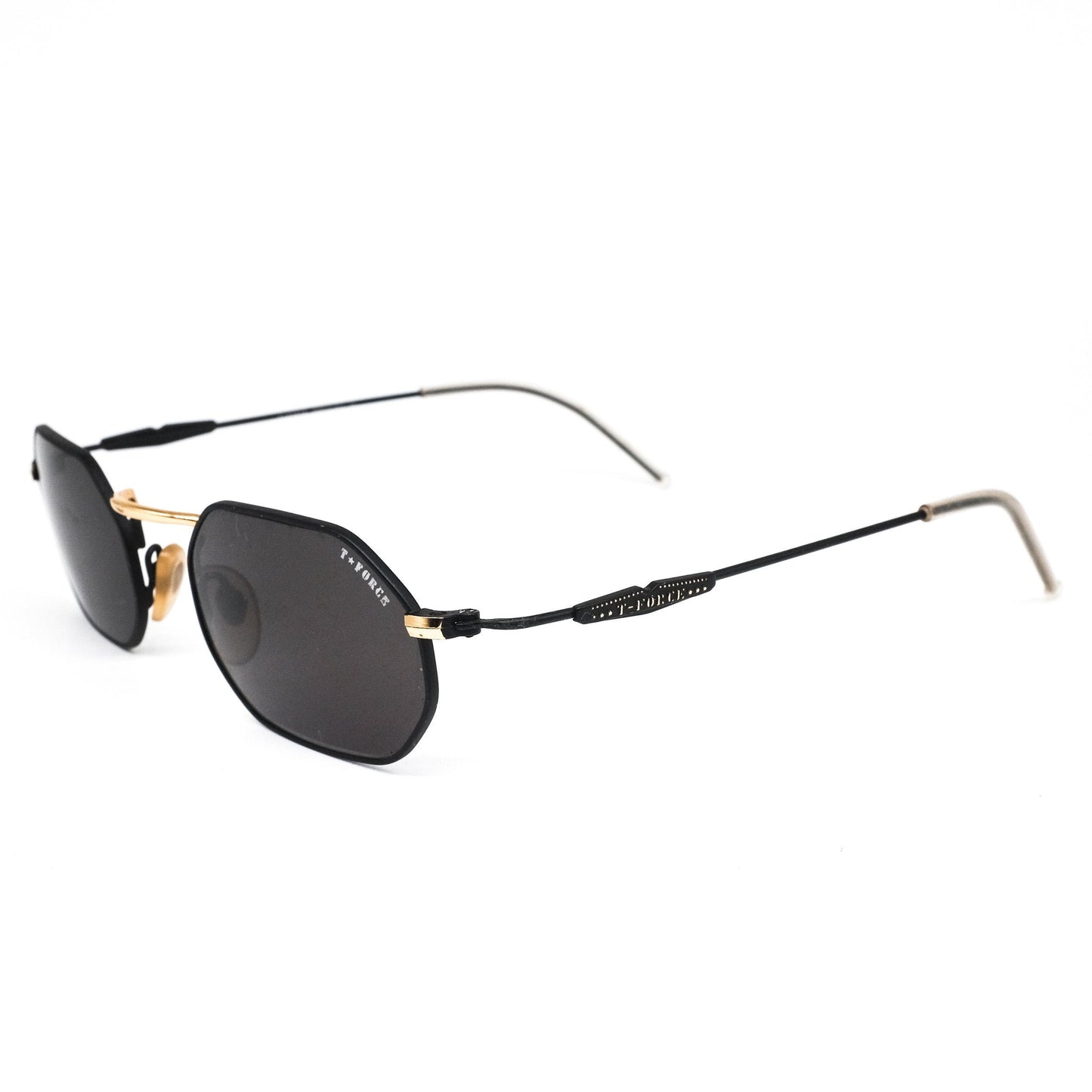 T force MIG 3 031 sunglasses with hexagonal black lenses in minimal design black metal frames with golden nose bridge NOS made in italy