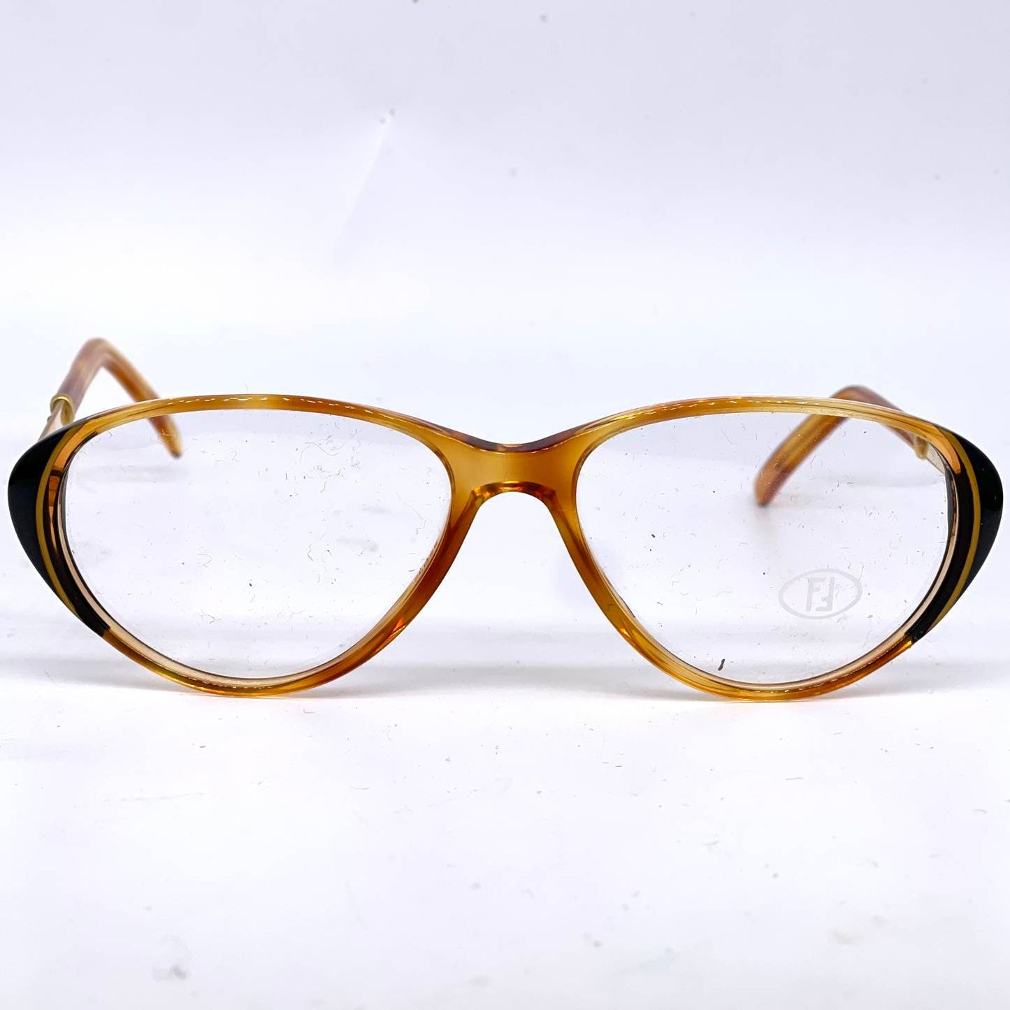 Fendi gorgeous demi blonde cello oval cateye frames w matching enameled metal temples embossed w branding, 80s NOS Italy