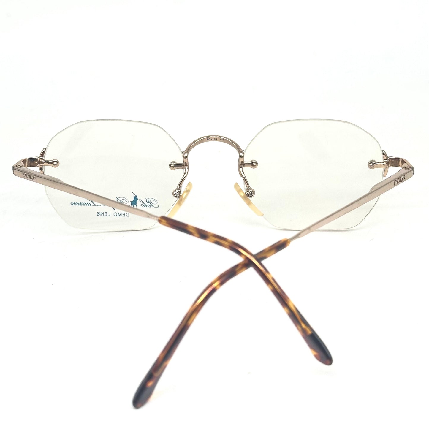 Ralph Lauren polo classic XL retro deco style rectangular rimless golden metal eyeglasses frames, 80s NOS Italy