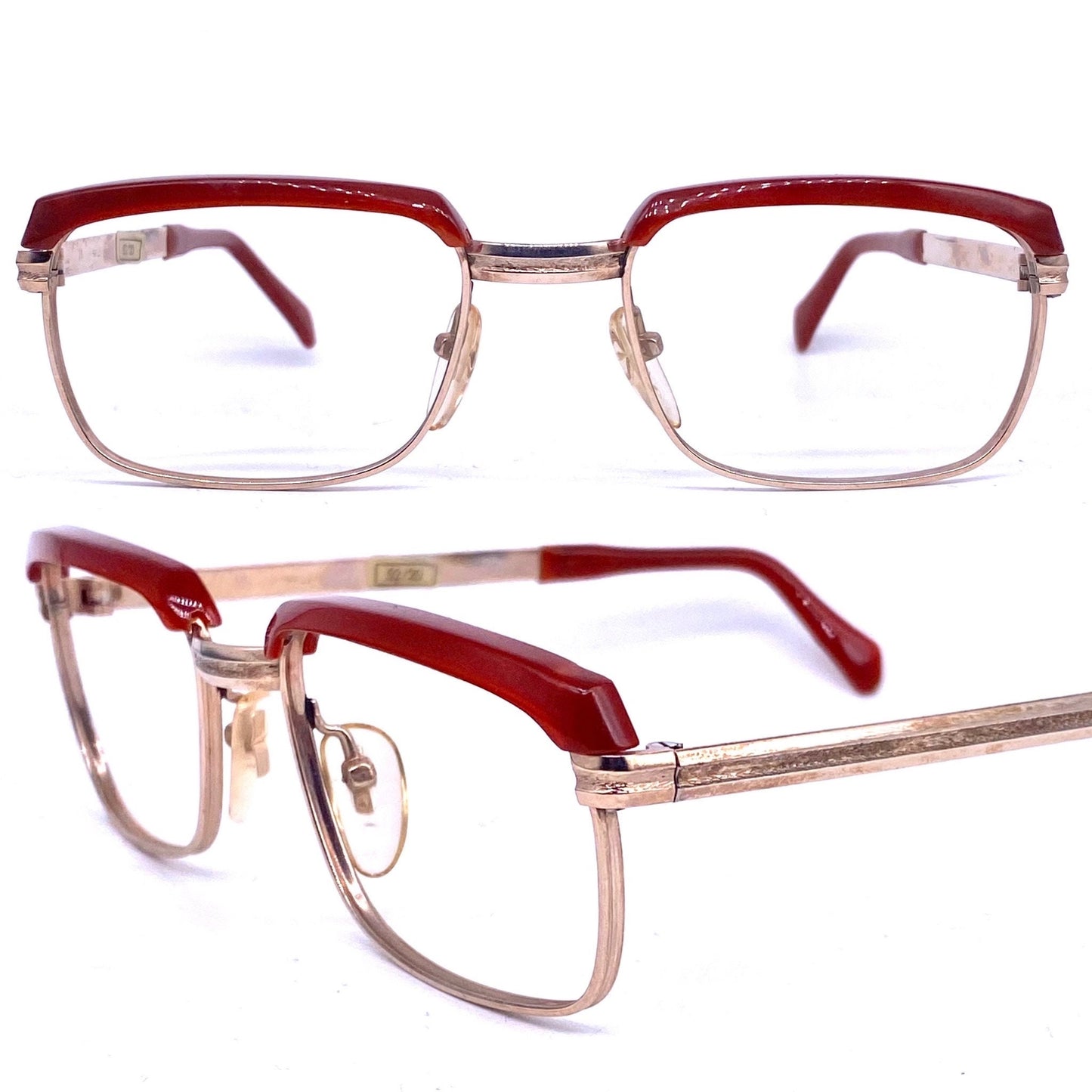 Safilo 1960s NOS square 20k gold plated eyeglasses with brick brownish red brows, mint