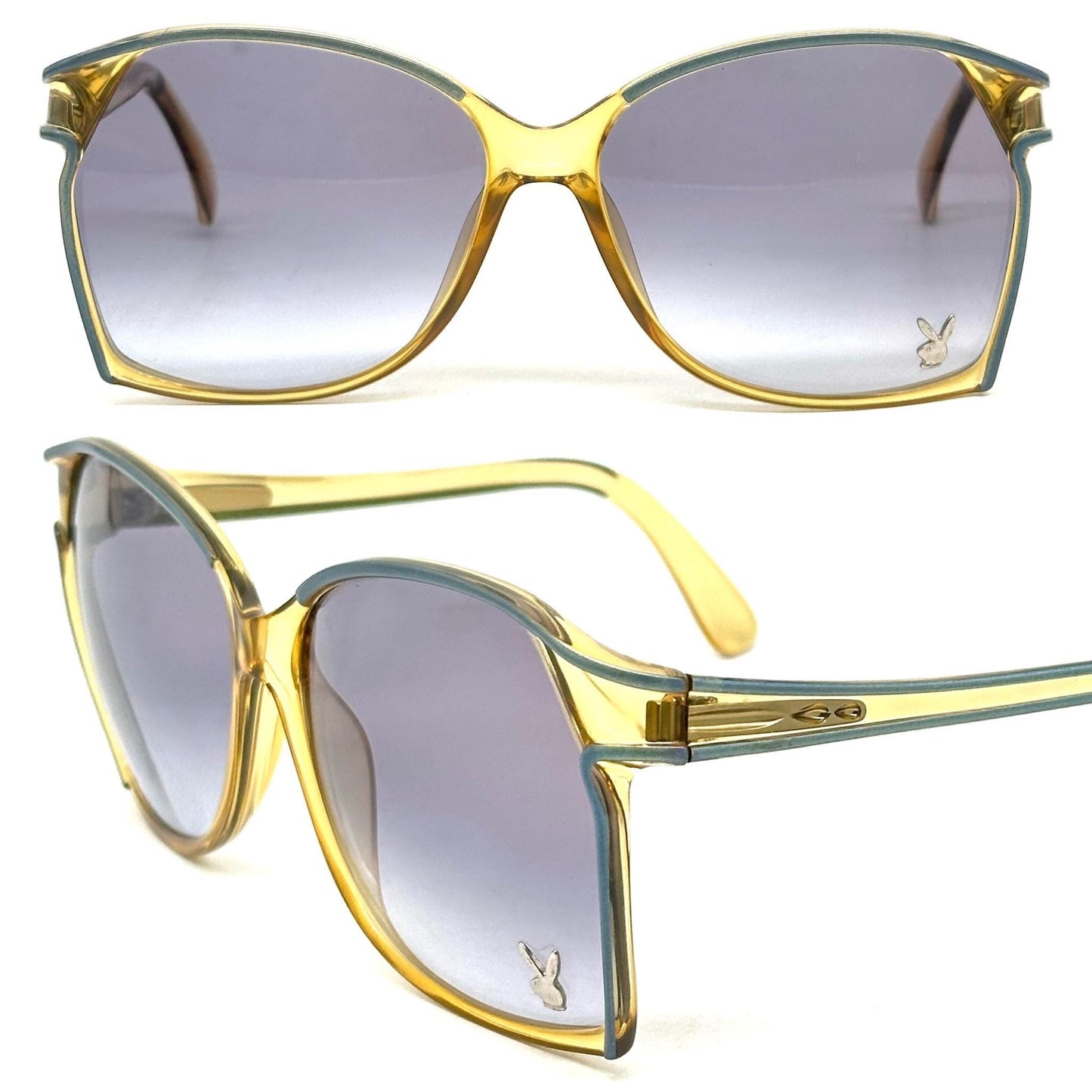 Playboy 4573 optyl translucent sunglasses with metallic blue stripes, blue gradient lenses and silver bunny detail NOS 70s Austria