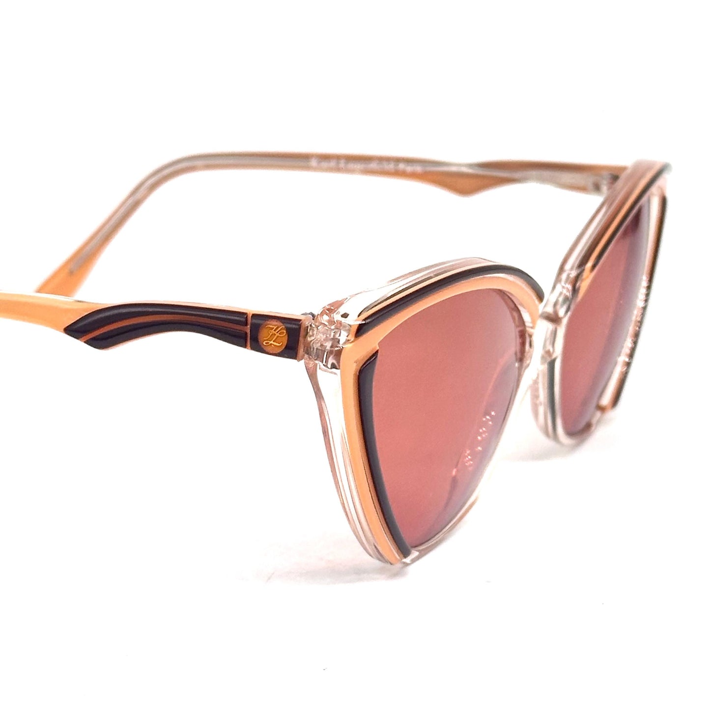 Karl Lagerfeld 103 54 2836 clear cateye sunglasses with salmon orange and brown stripes, orange lenses, 1980, NOS