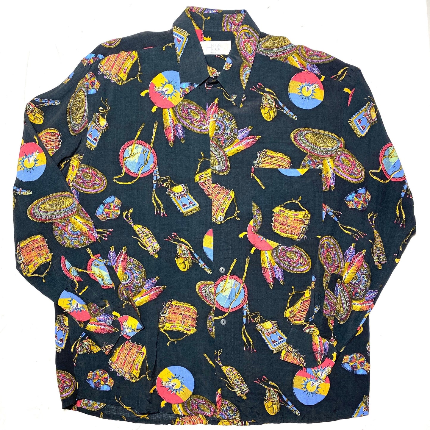 Harris Look 80s black shirt with navajo paraphernalia allover, new old stock made in Italy 2 pcs available