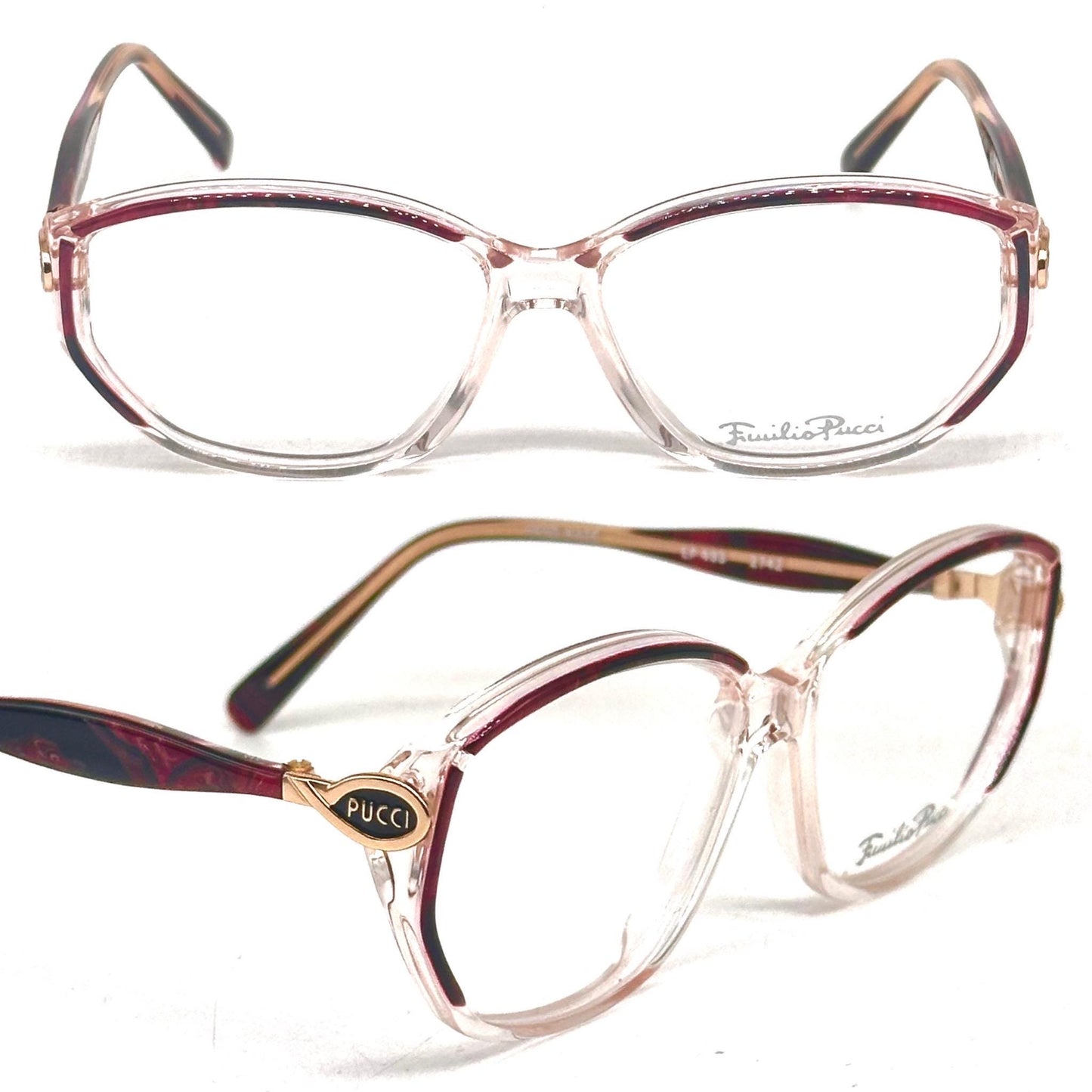 Emilio Pucci 493 clear eyewear detailed with red and black fluid marble parts and gold temples 80s NoS Made in Florence