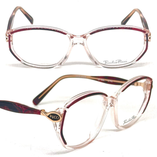 Emilio Pucci 493 clear eyewear detailed with red and black fluid marble parts and gold temples 80s NoS Made in Florence
