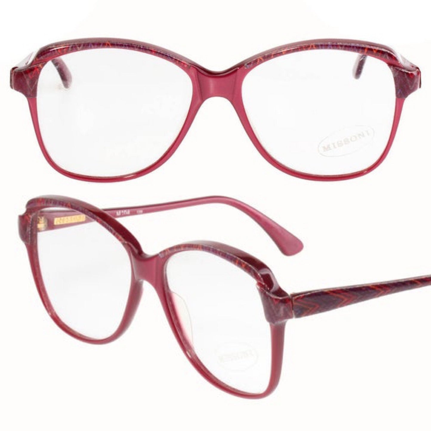 Missoni M104 oversized burgundy eyeglasses frames w real zigzag knit fabric inserts, Nos 80s Italy