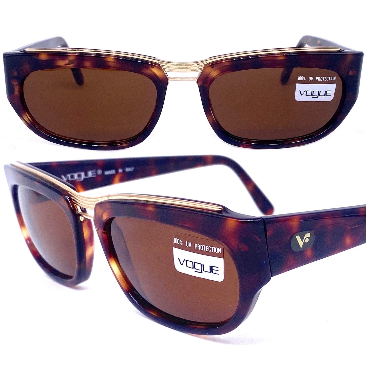 Vogue square tortoise sunglasses w golden metal inserts, NOS 80s Italy
