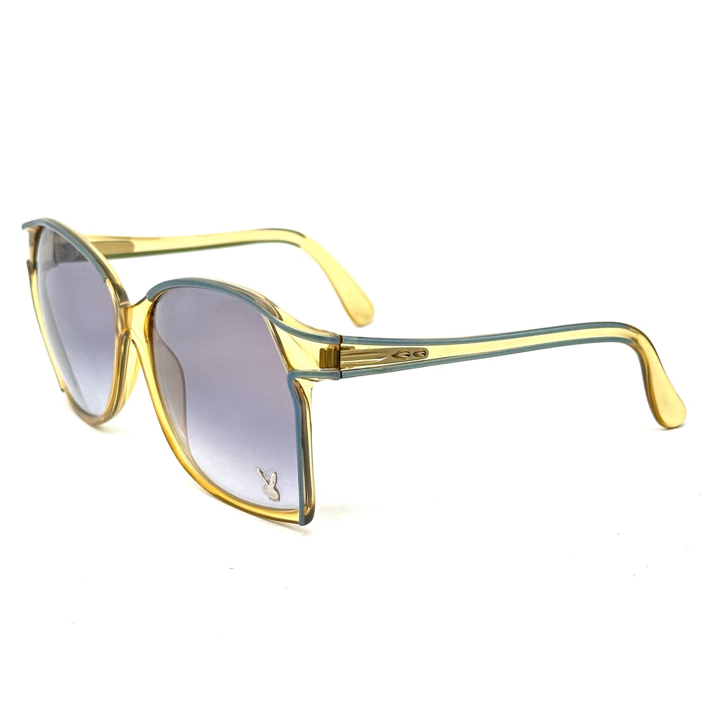 Playboy 4573 optyl translucent sunglasses with metallic blue stripes, blue gradient lenses and silver bunny detail NOS 70s Austria