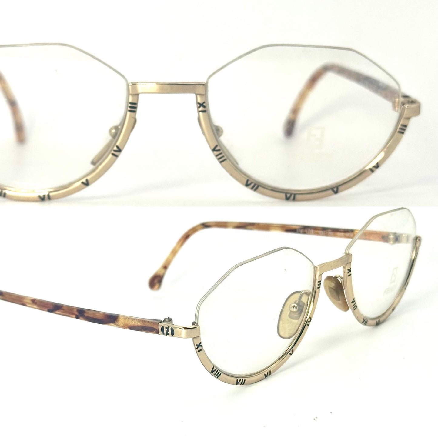 Fendi FV178 fancy golden eyeglasses frames w carved roman numerals , NOS 80s Italy