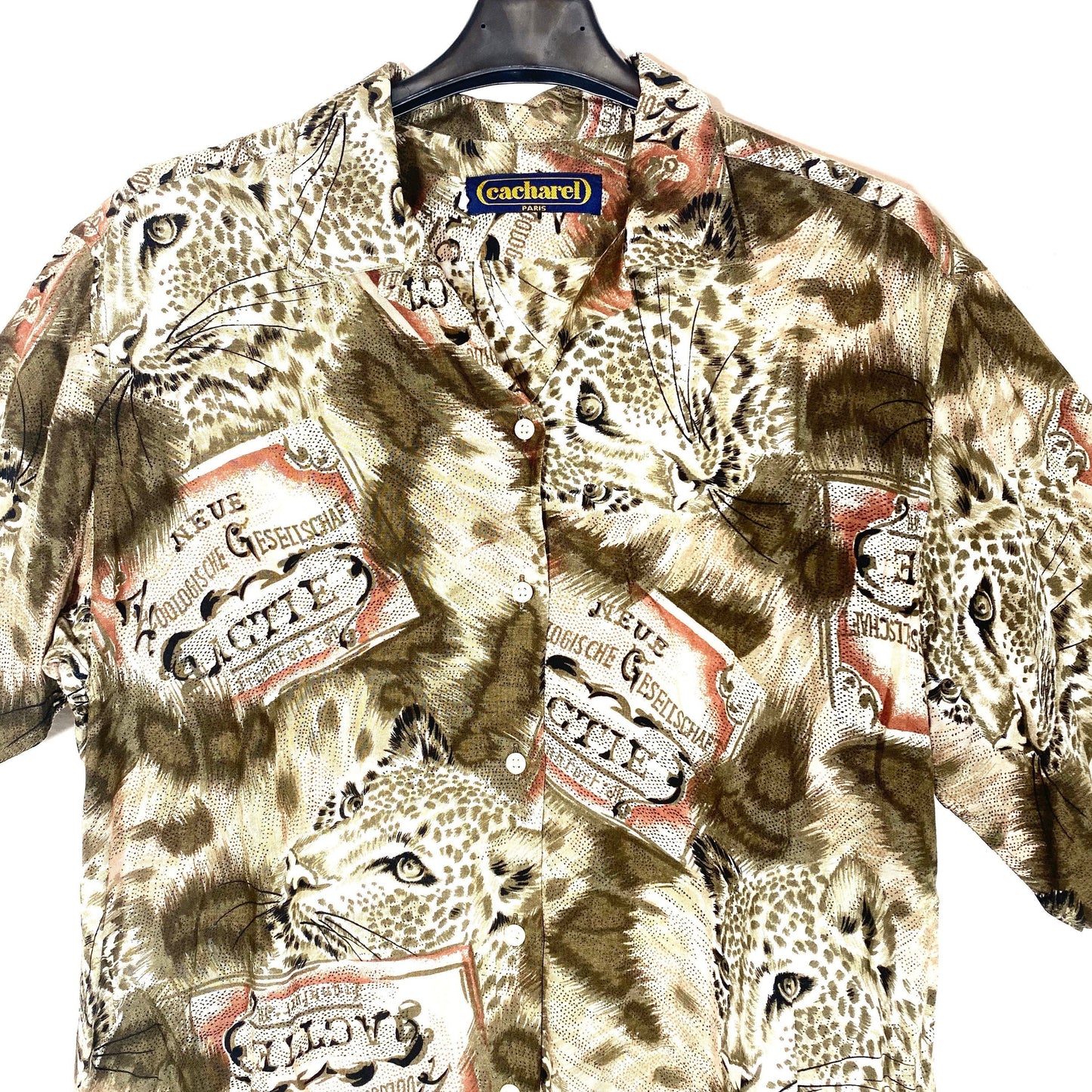 Cacharel fresh viscose aloha shirt, cheetah / vintage zoo print allover of brown & pink tones, in great condition