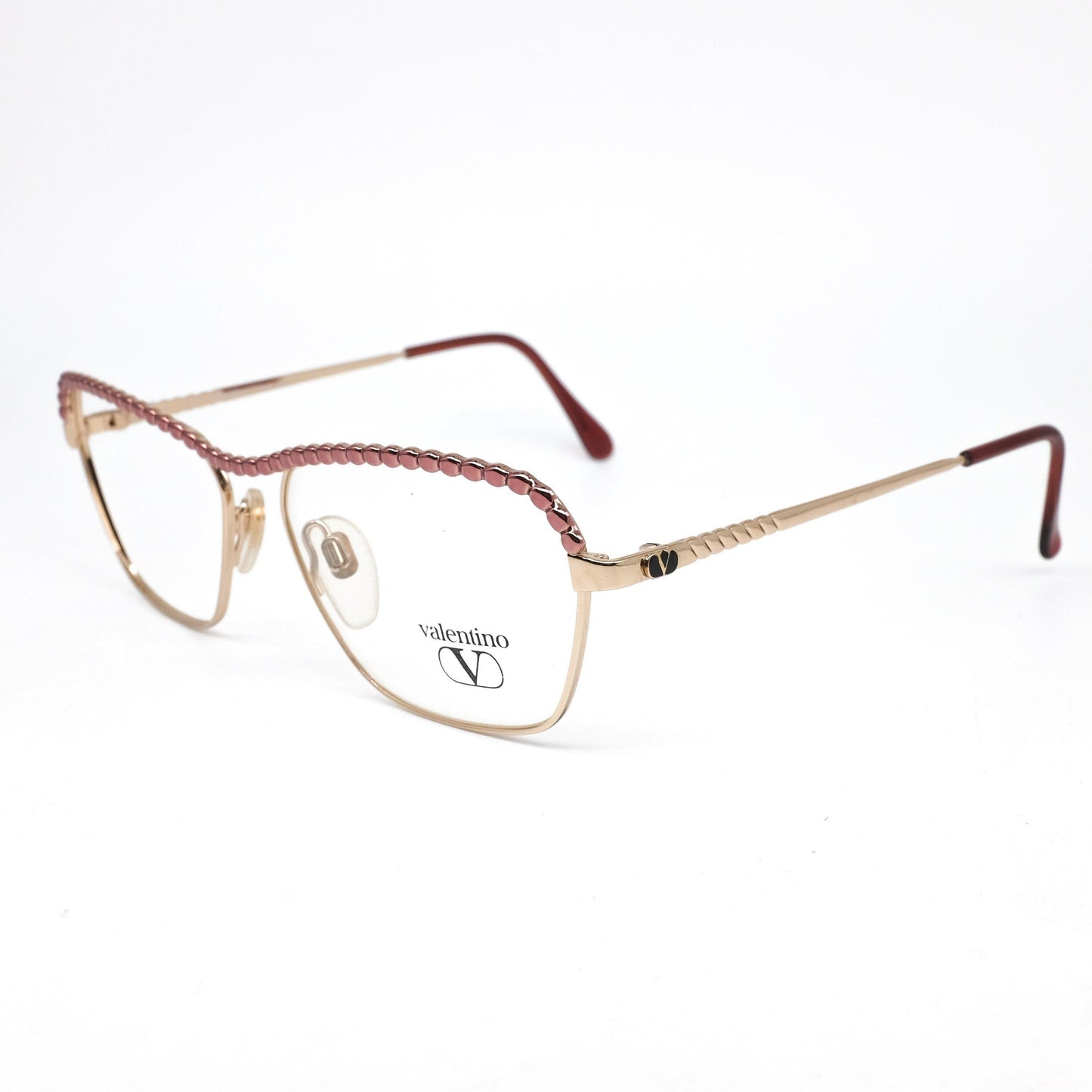 Valentino V375 golden metallic square eyeglasses frames with purple browline. NOS 90s Italy
