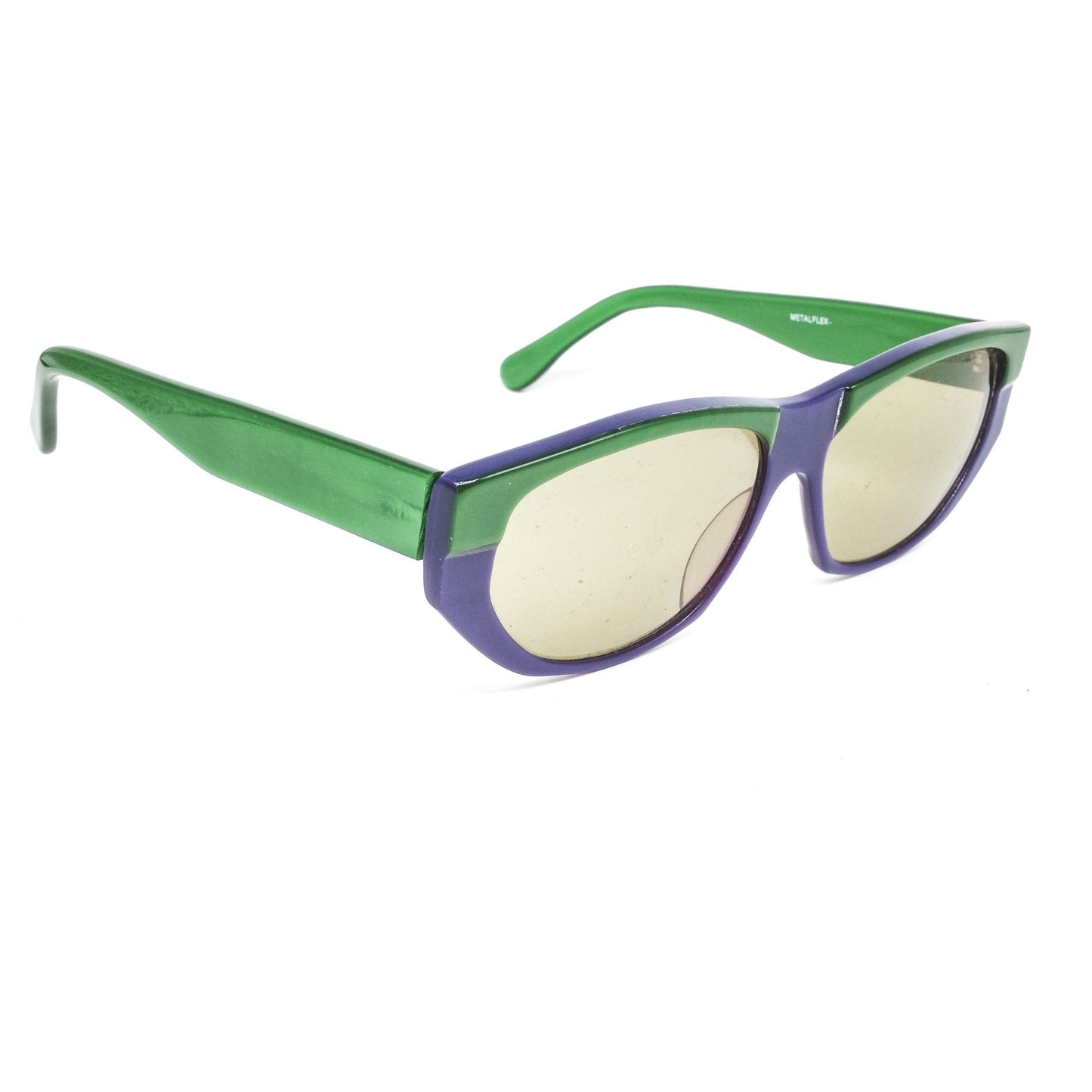Fiorucci Metalflex unusual green purple acetate sunglasses with light green lenses, 1960s NOs