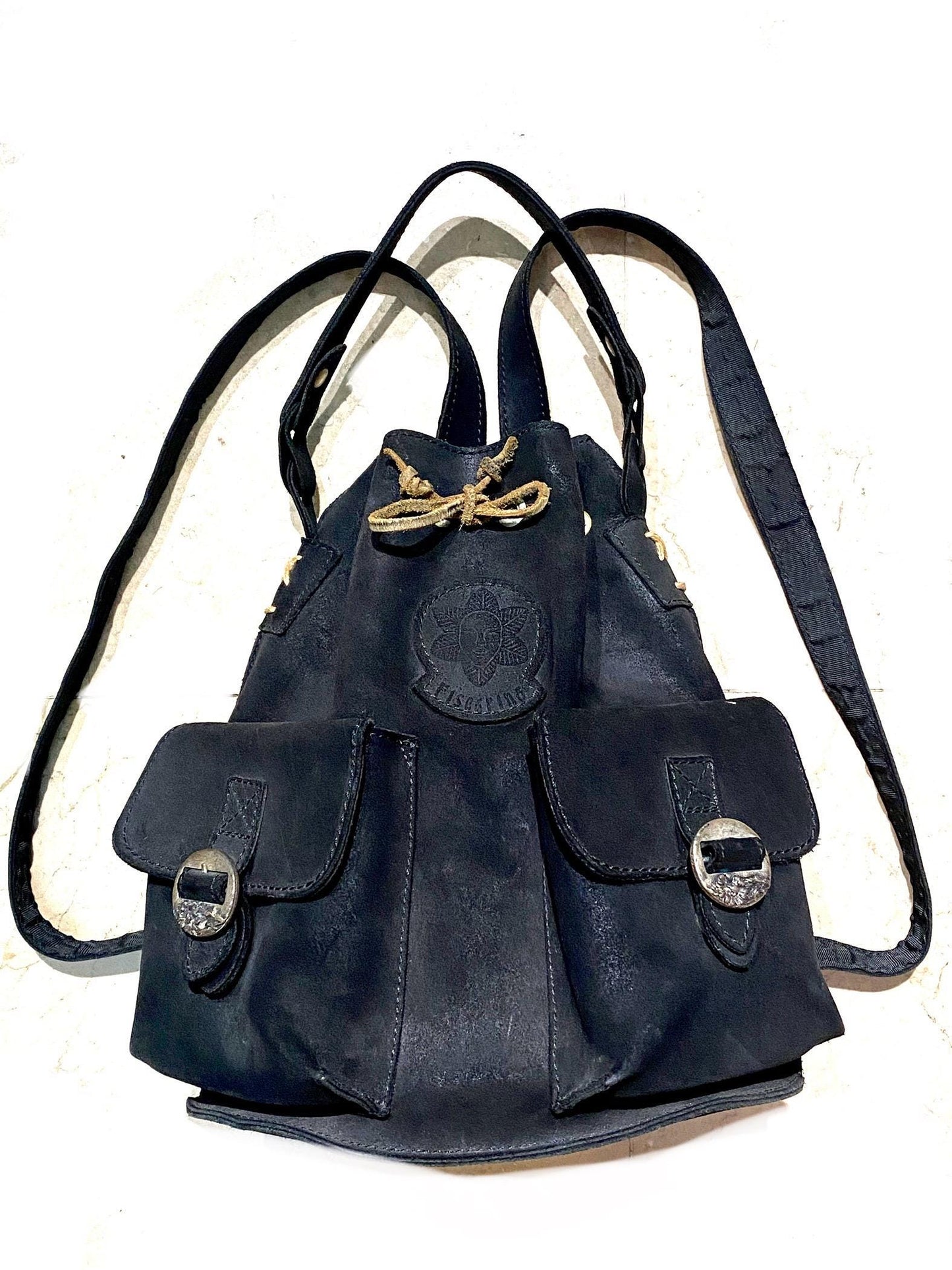 Artisanal black suede leather backpack / bucket bag with cotton canvas lining, NOS 90s Italy