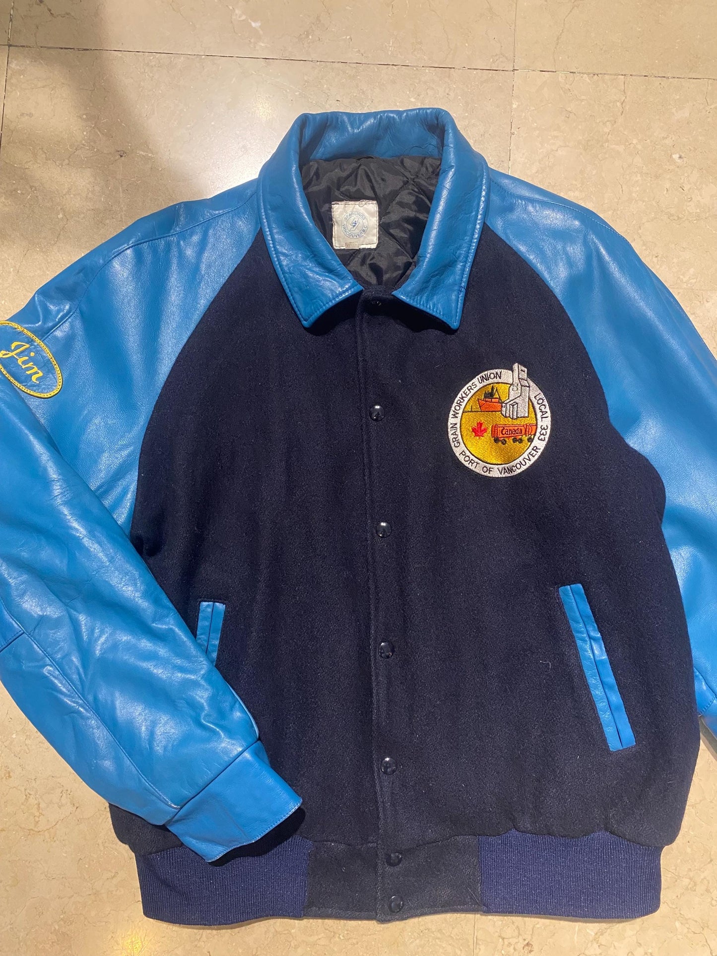 Blue tones Wool-Leather varsity jacket Joe - Dock Workers Vancouver, 1990s mint condition