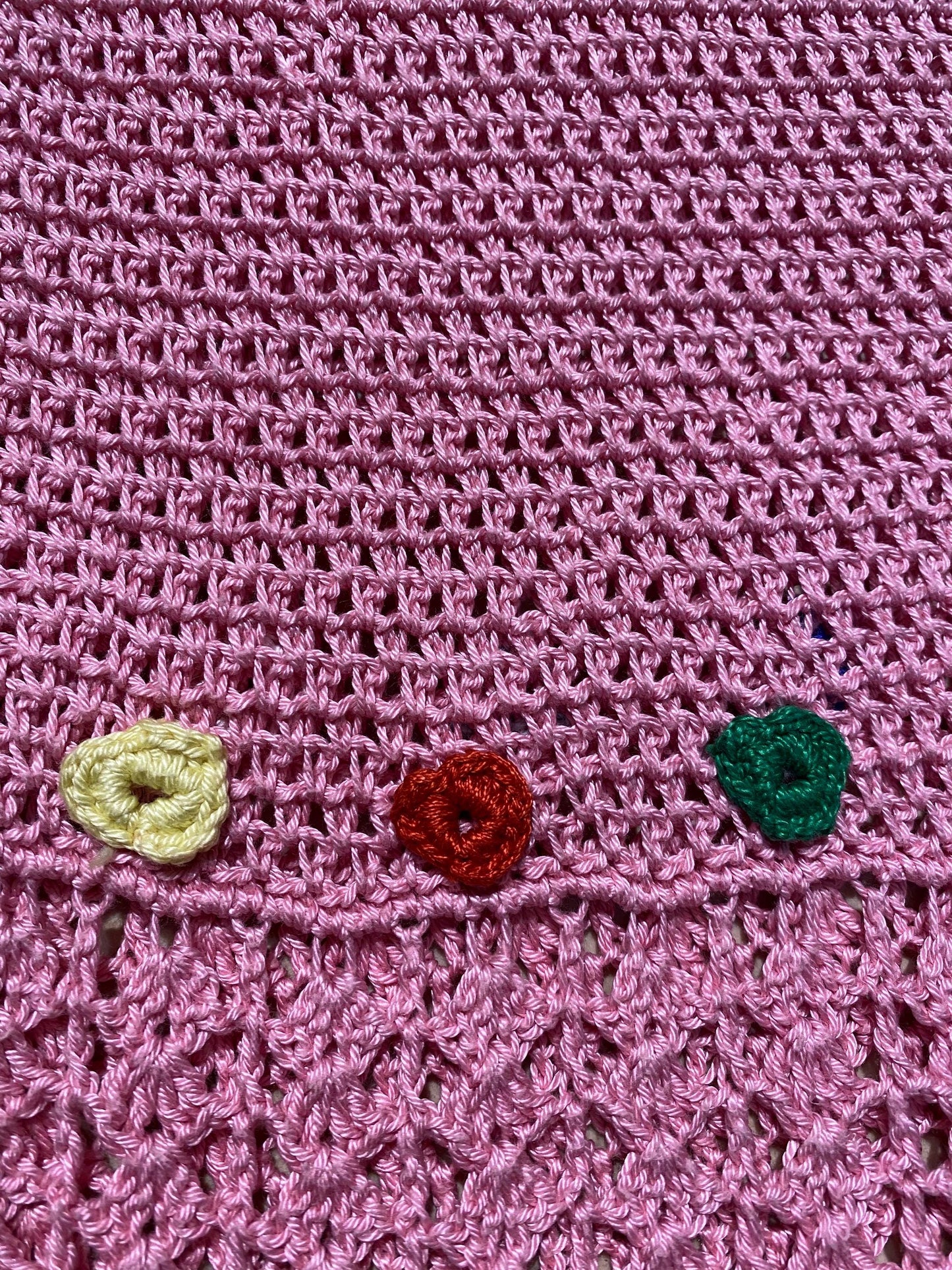 Cutest 1of1 hand knit pink cotton crochet dress w embroidered flowers, mint