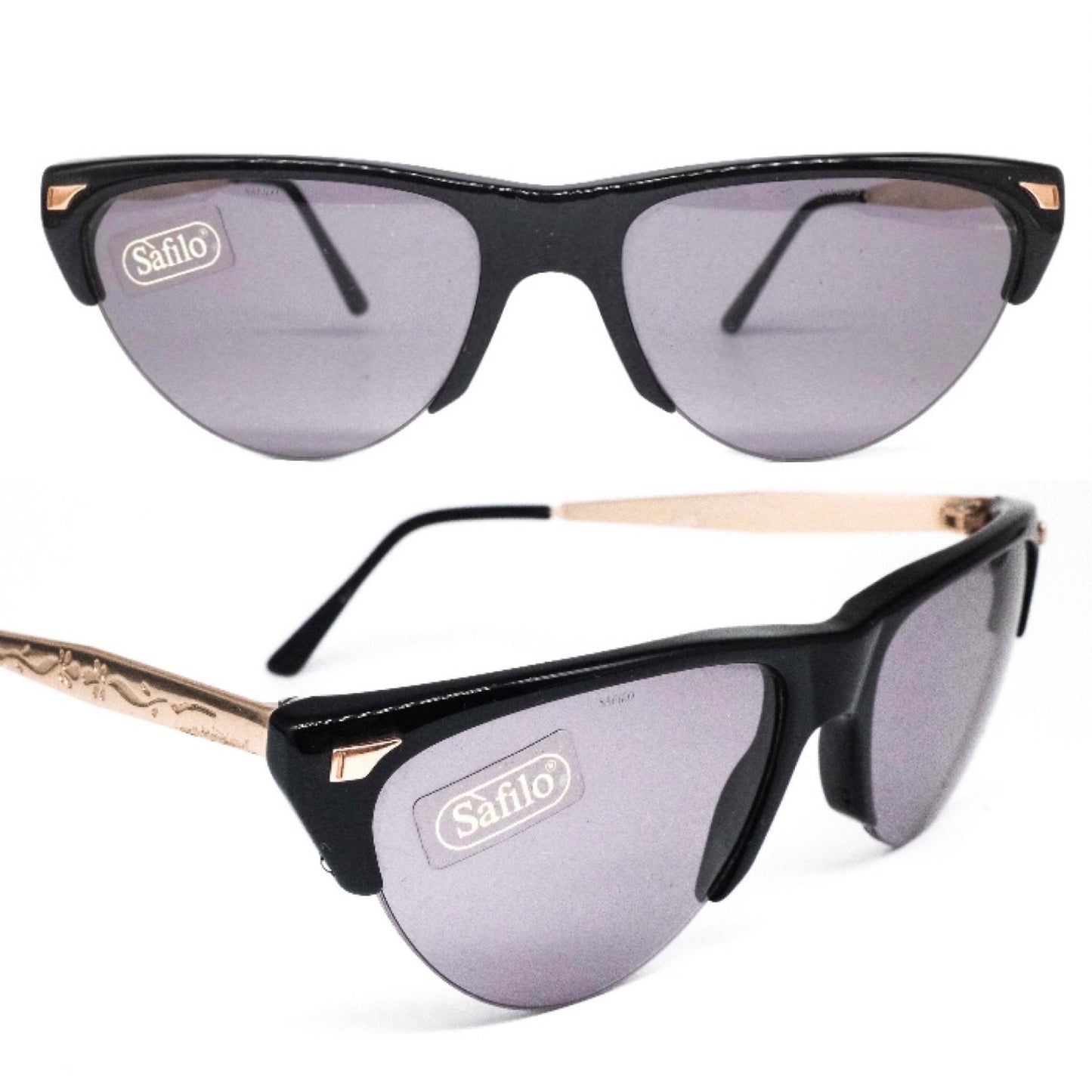 Safilo 1950s style black cateye sunglasses with golden carved temples, NOS 70s  Made in Italy