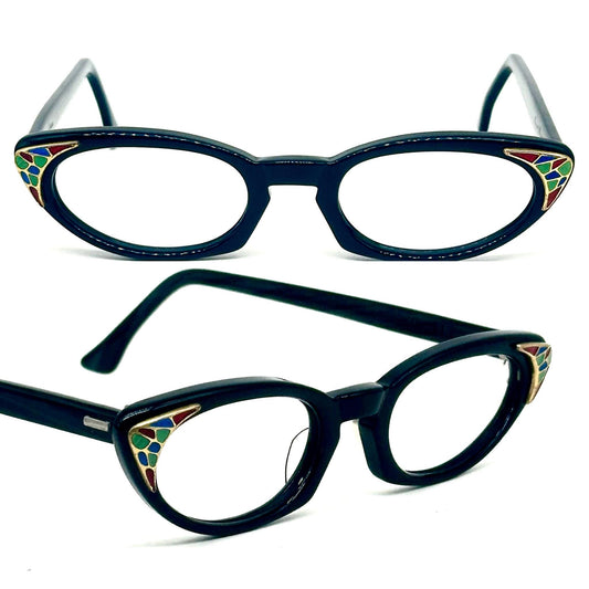 Shuron USA black cateye glasses with colored mosaic detail on golden triangular plaque on the sides style 1960 NoS