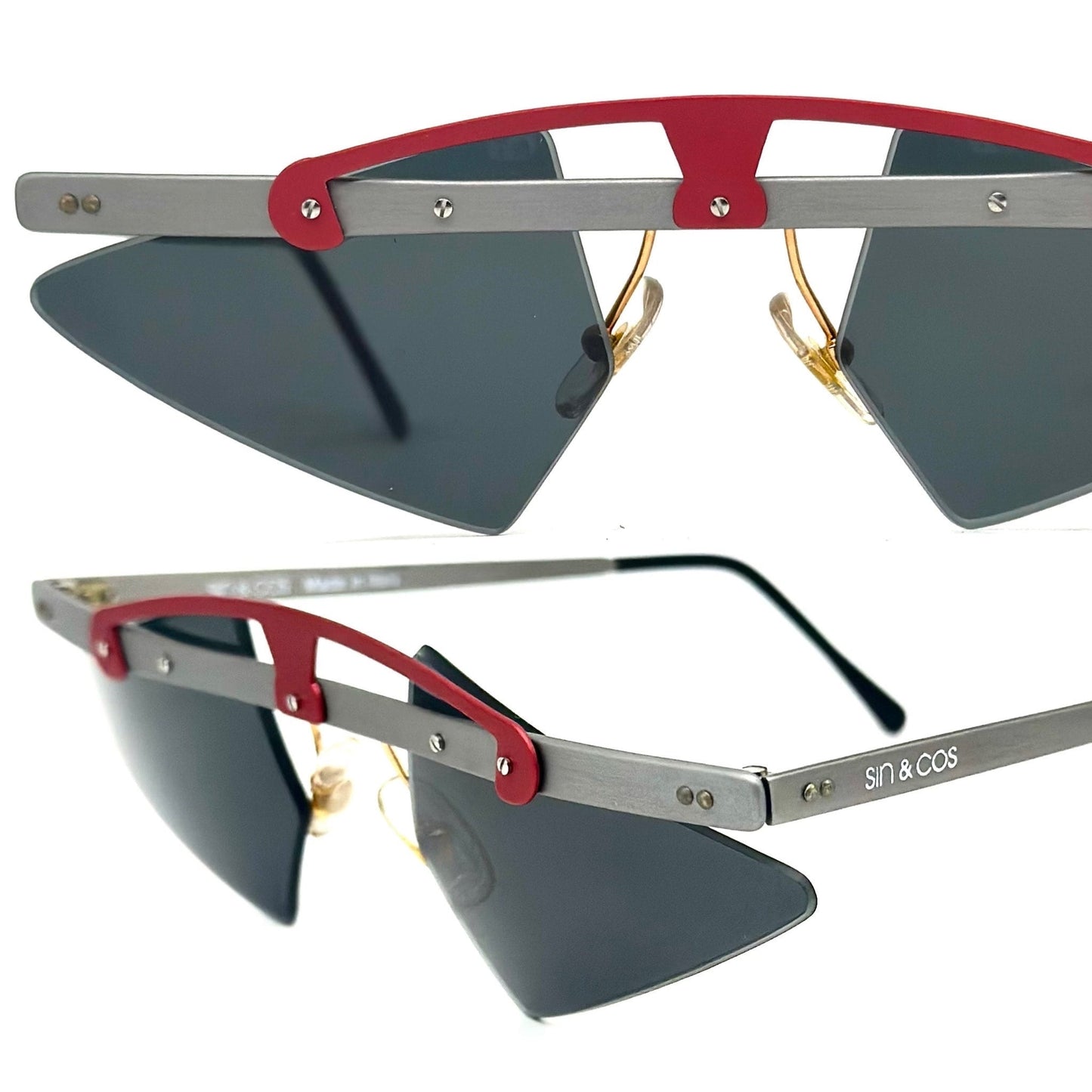 Sin&Cos edgy silver metal sunglasses with metallized red upper bridge, eye catching avant garde design, NOS 90s