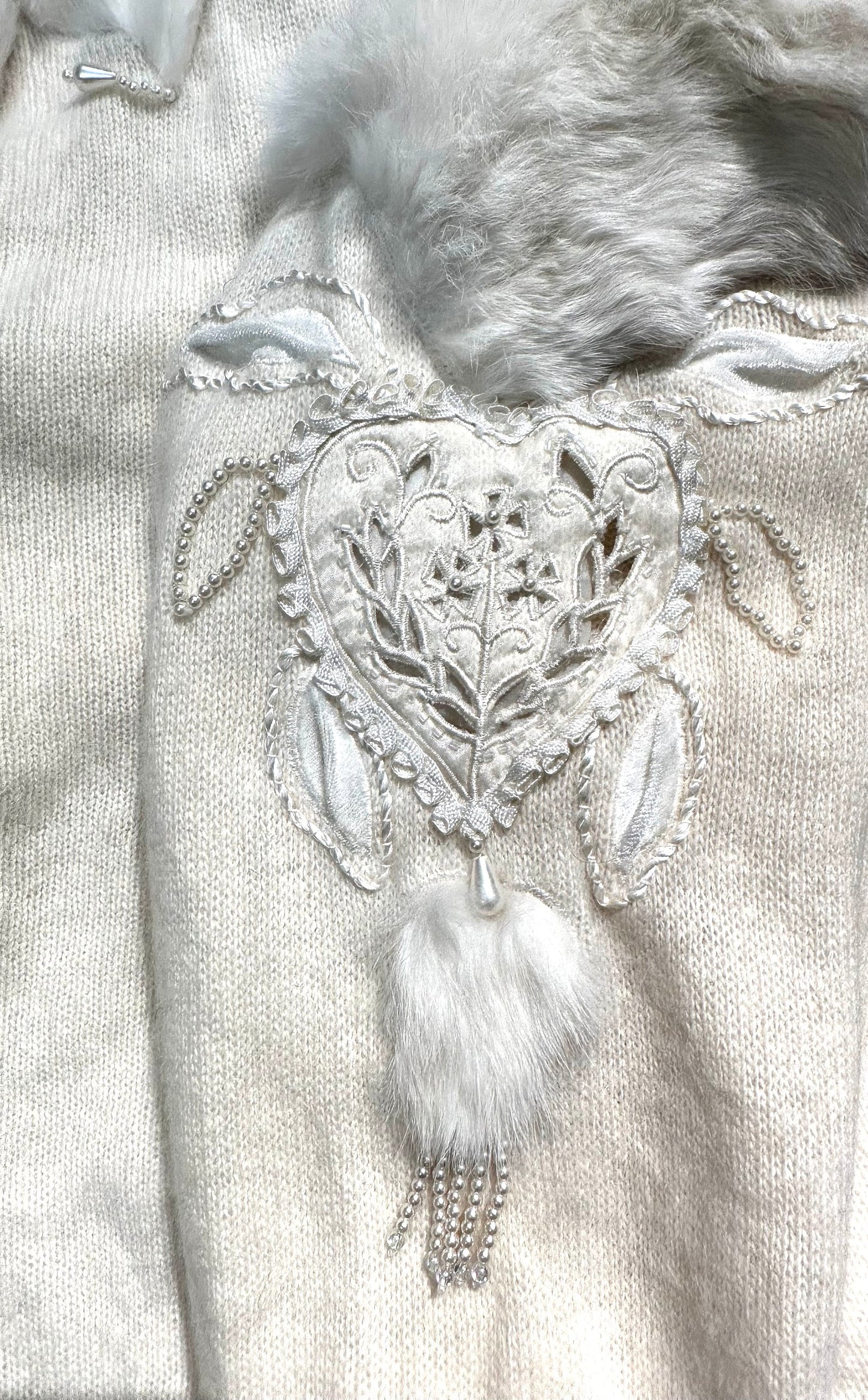 Hand Embroidered softest wool & angora w/ lapin fur inserts, total white Cardigan by Raladi Rome, mint