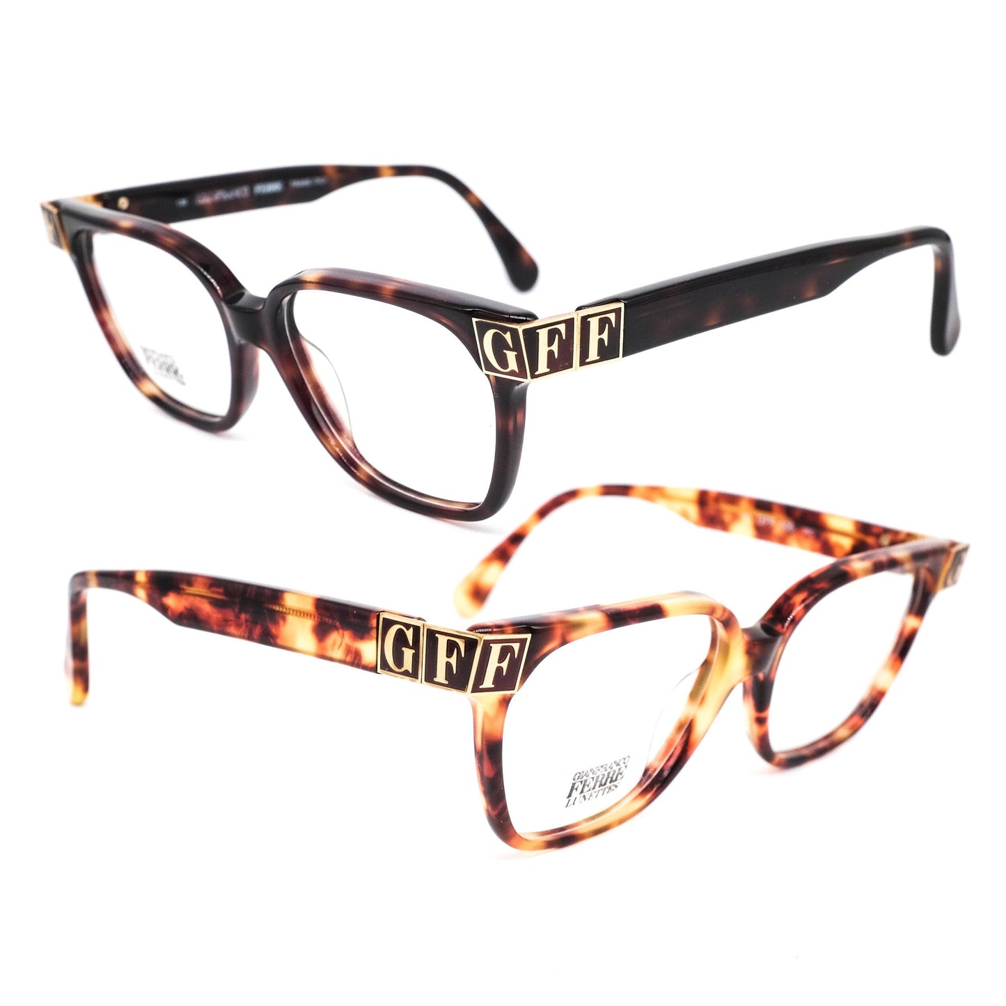 Gianfranco Ferré GFF105 square tortoise eyeglasses frames with huge branding details hand made in Italy, 1980s nos