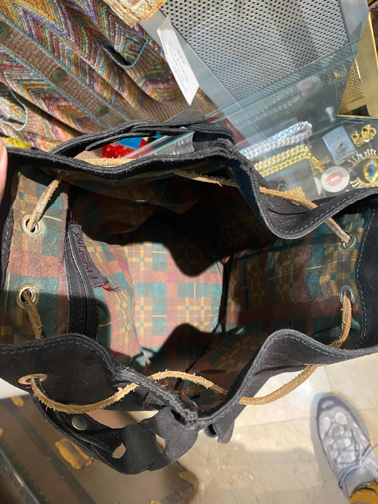 Artisanal black suede leather backpack / bucket bag with cotton canvas lining, NOS 90s Italy