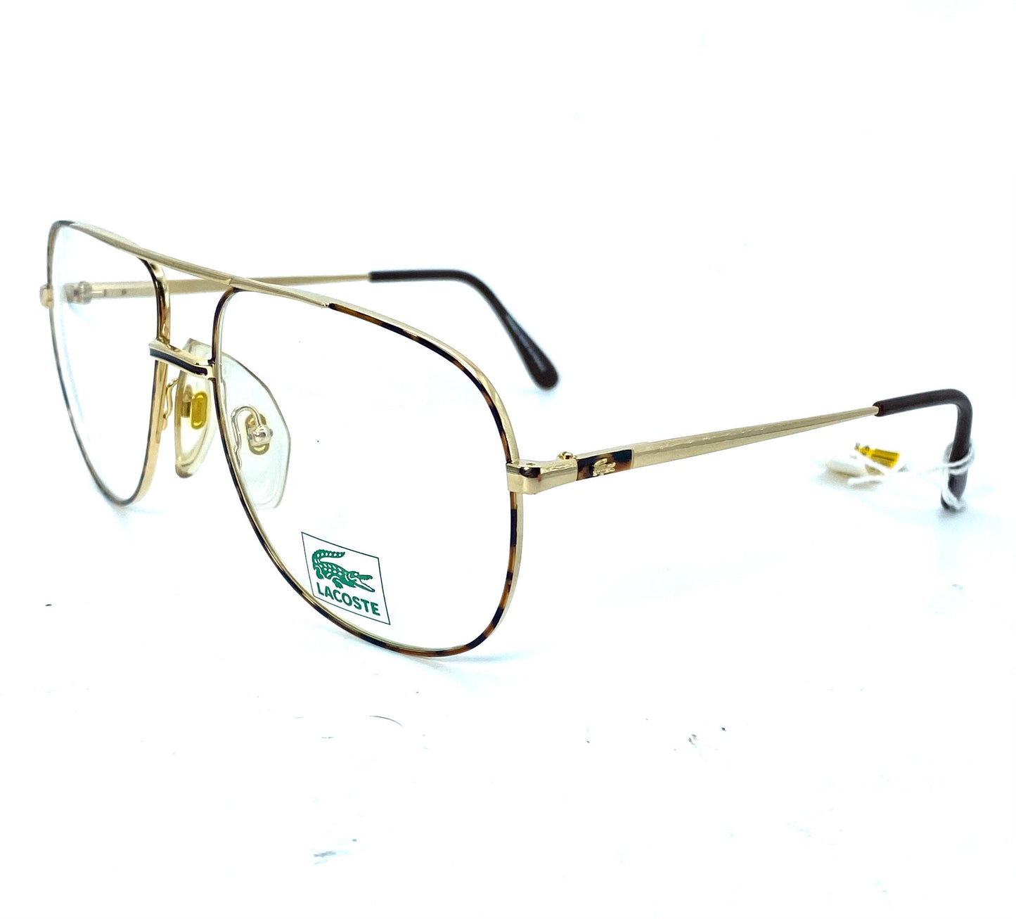 Lacoste dbl bridge golden metal aviator frames w tortoise enameled details, NOS 80s Lamy France