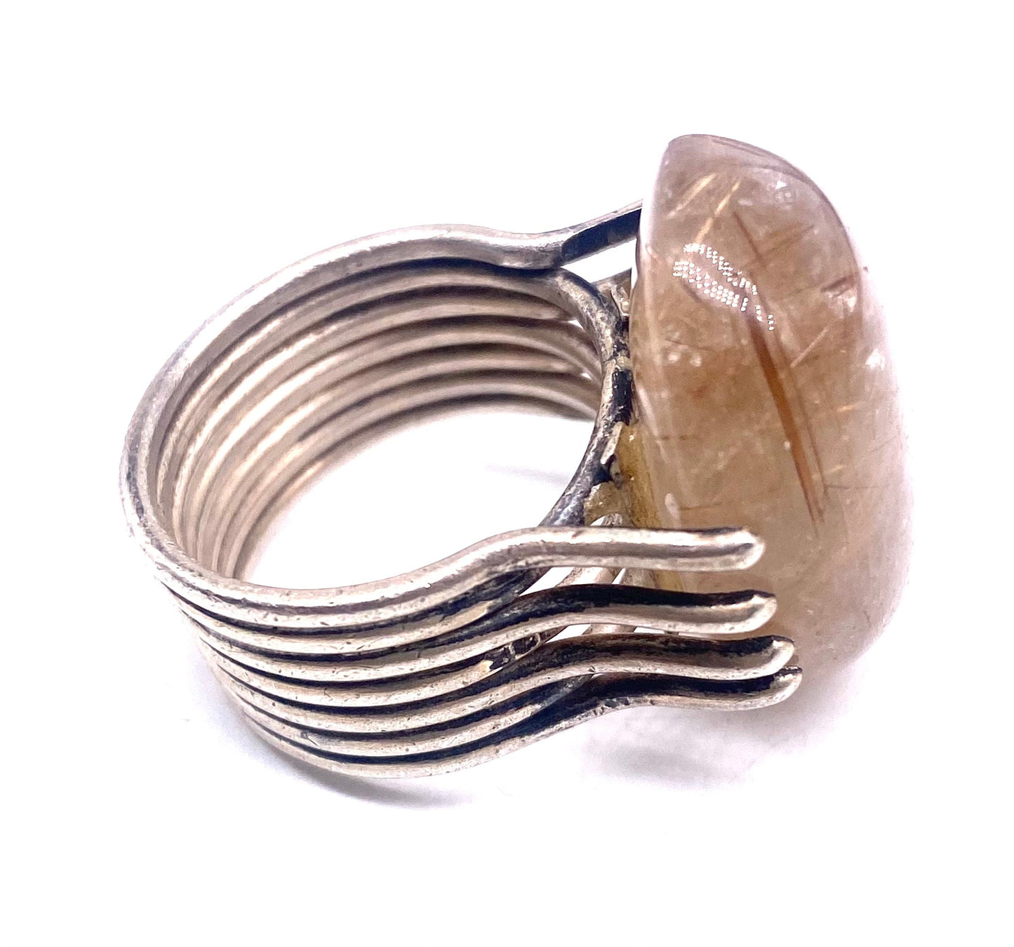 1960s Artisanal 925 Silver cable ring with big oval sunstone (Rutilated Quartz) in great condition