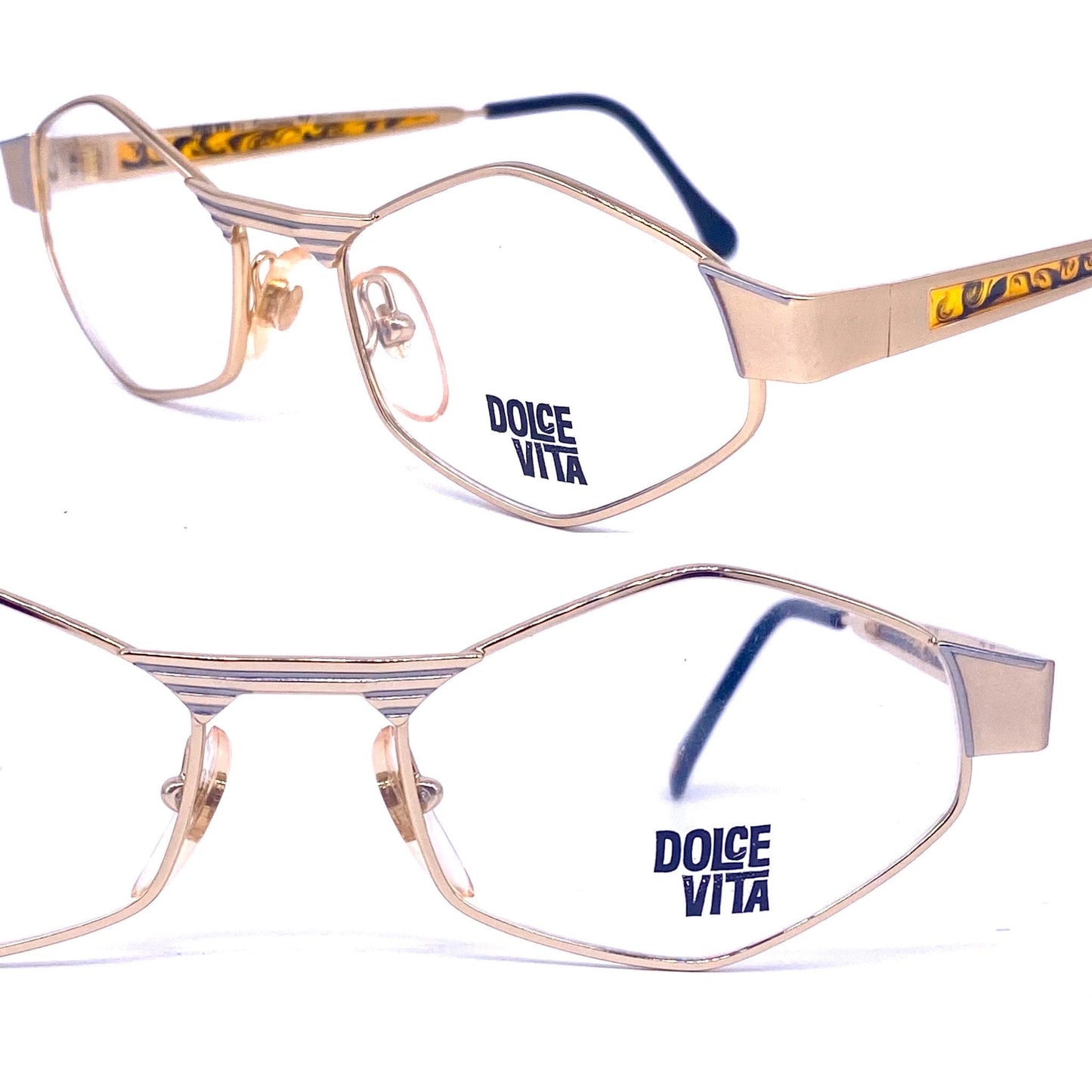 Dolcevita rare hexagonal gold frames w amber translucent inserts by Casanova, Italy 80s NOS