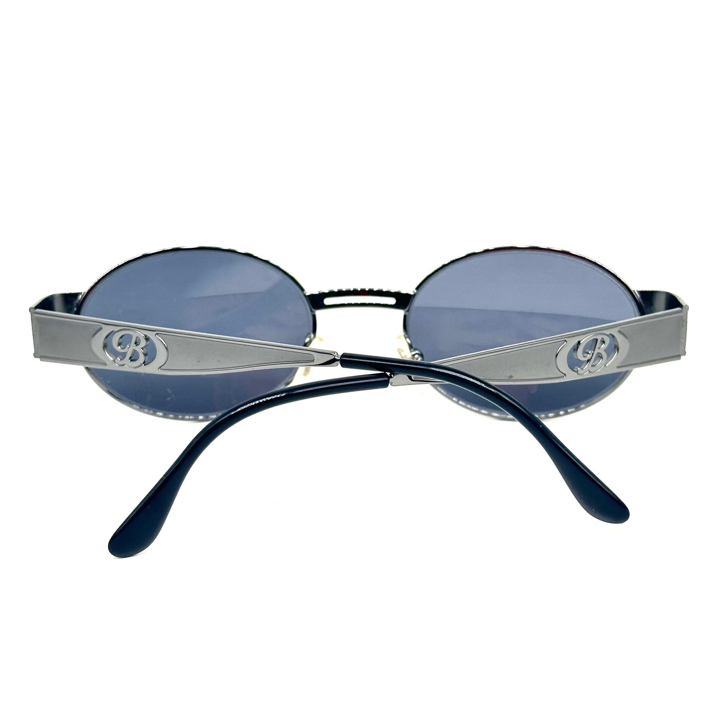 Bluemarine BM 623 oval gunmetal sunglasses w cutoff B logo, NOS 90s Italy