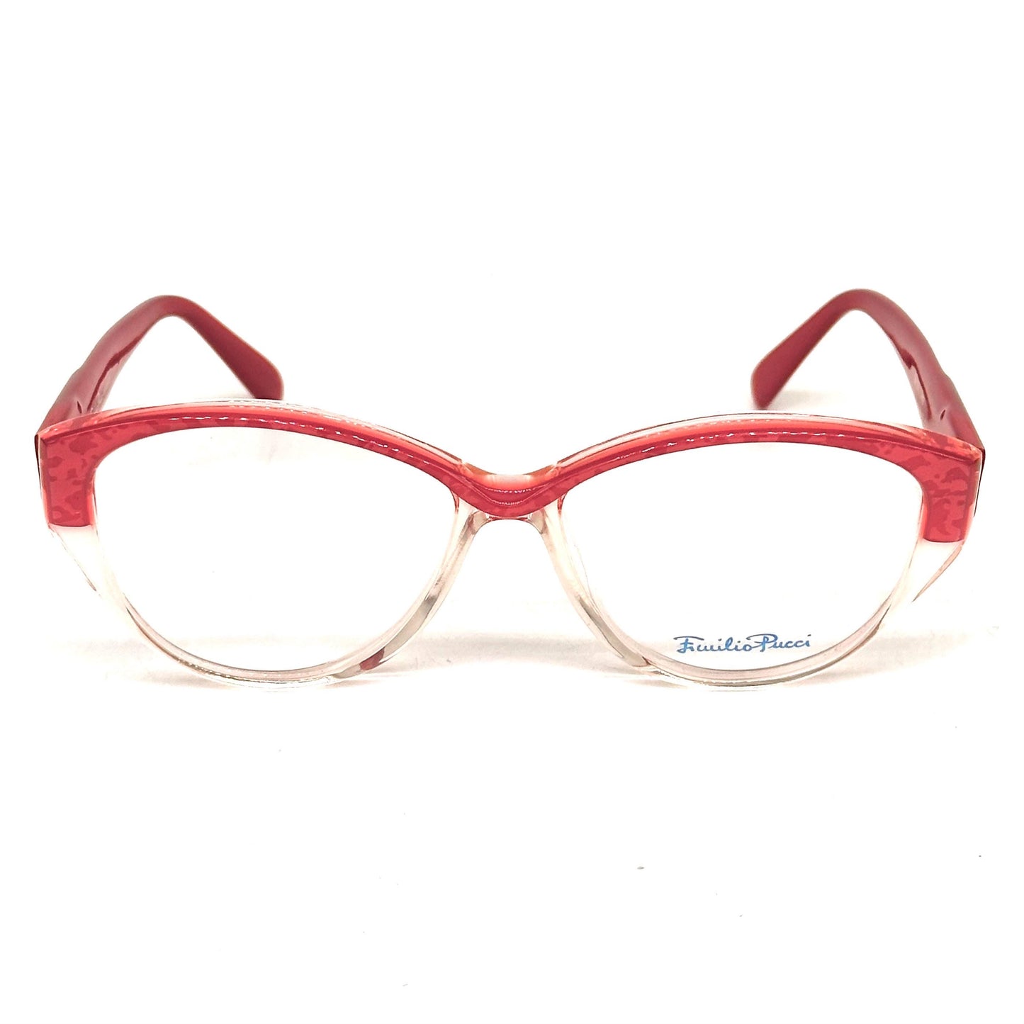 Emilio Pucci 371 half red spotted textured clear eyewear detailed with curved trail logo 80s Made in Florence