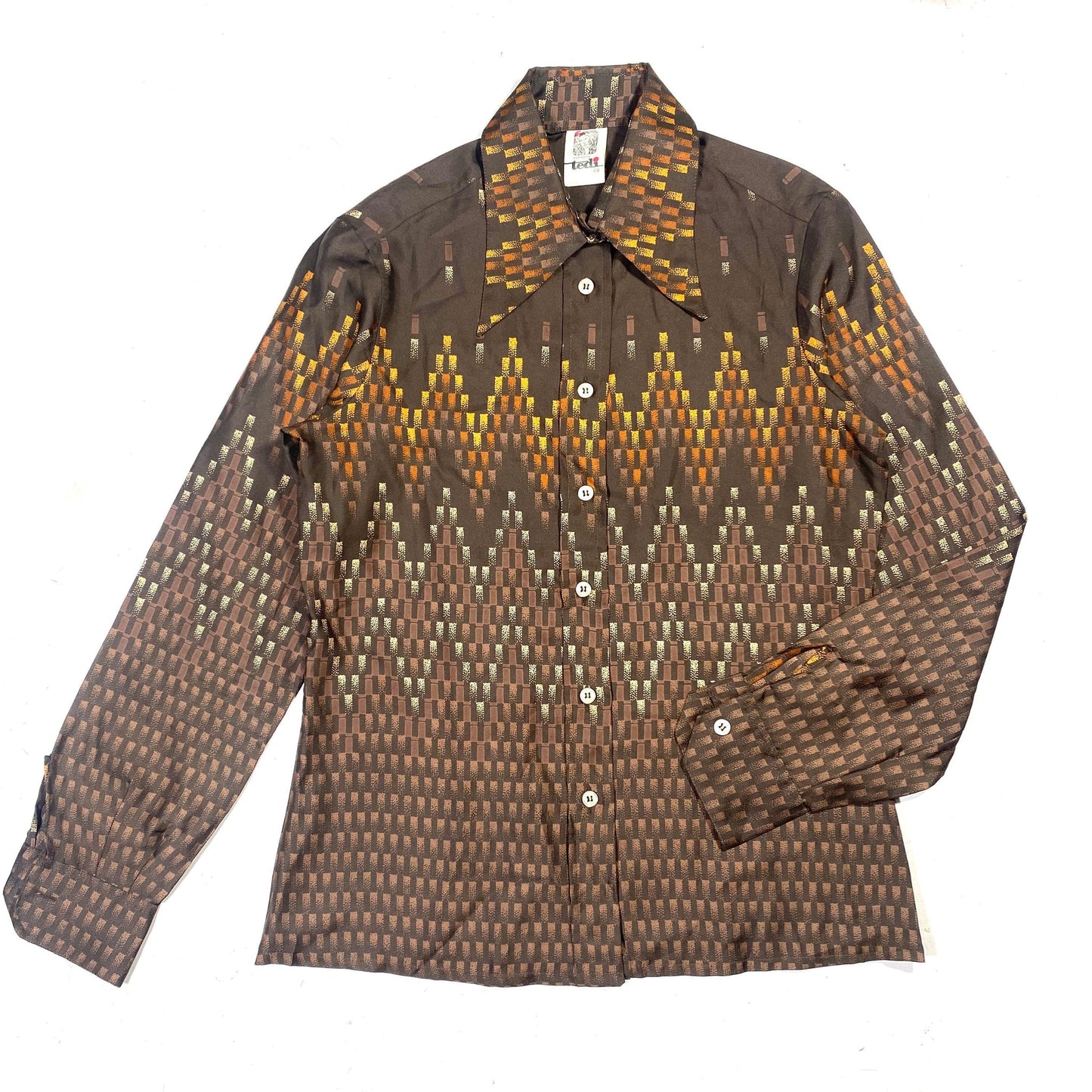 Tedi 1970s funky satin blouse, brown with abstract checks brown/orange fading zigzag allover, sz S mint