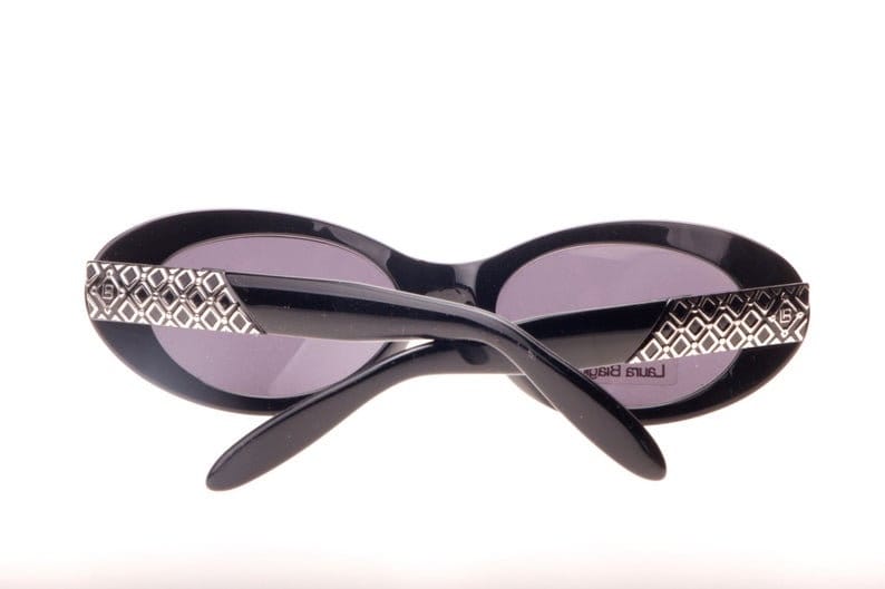 Laura Biagiotti black oval ladies sunglasses w gorgeous carved silver metal inserts, NOS 90s Italy