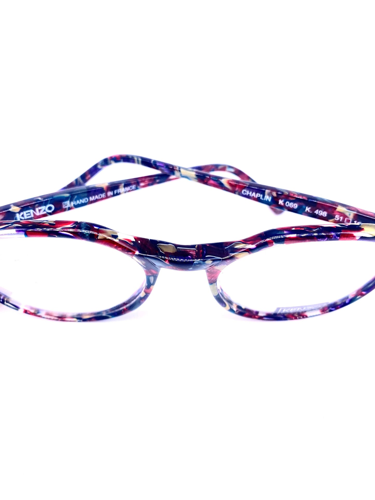 Kenzo K069 Chaplin cool retro round flat brow dark multicolor acetate eyeglasses hand made in France, 80s NoS