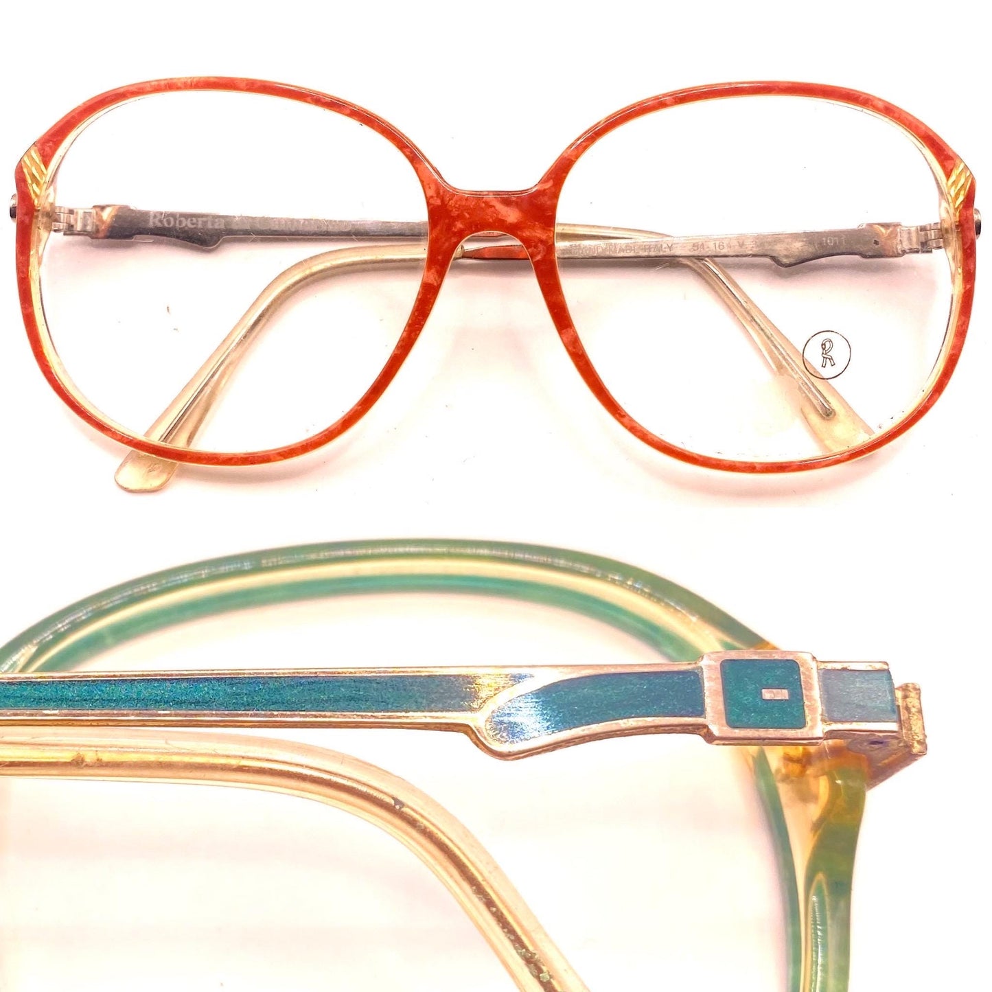 Roberta Di Camerino V35 oversized eyeglasses green/red marble frames w signature buckle temples, NOs 80s