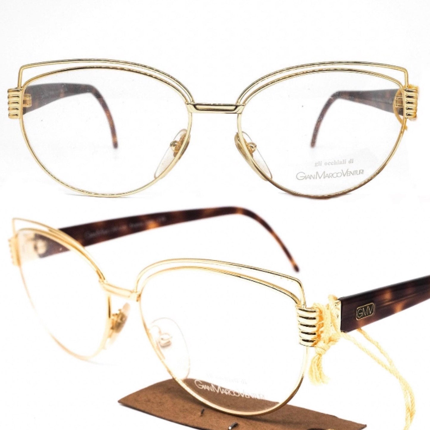 Gian Marco Venturi 024 golden metallic cateye eyeglasses frames with double browline made in Italy with cut off designed hinges, NOS 1990s