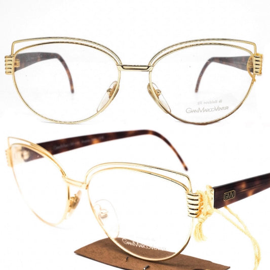 Gian Marco Venturi 024 golden metallic cateye eyeglasses frames with double browline made in Italy with cut off designed hinges, NOS 1990s