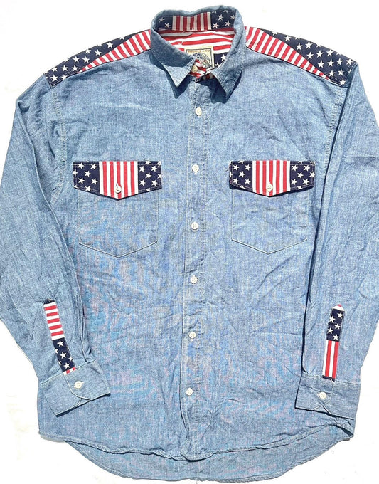 Biscote & Co denim shirt w US flag inserts at the collar, shoulders and cuffs, NoS 80s 2 pcs available.