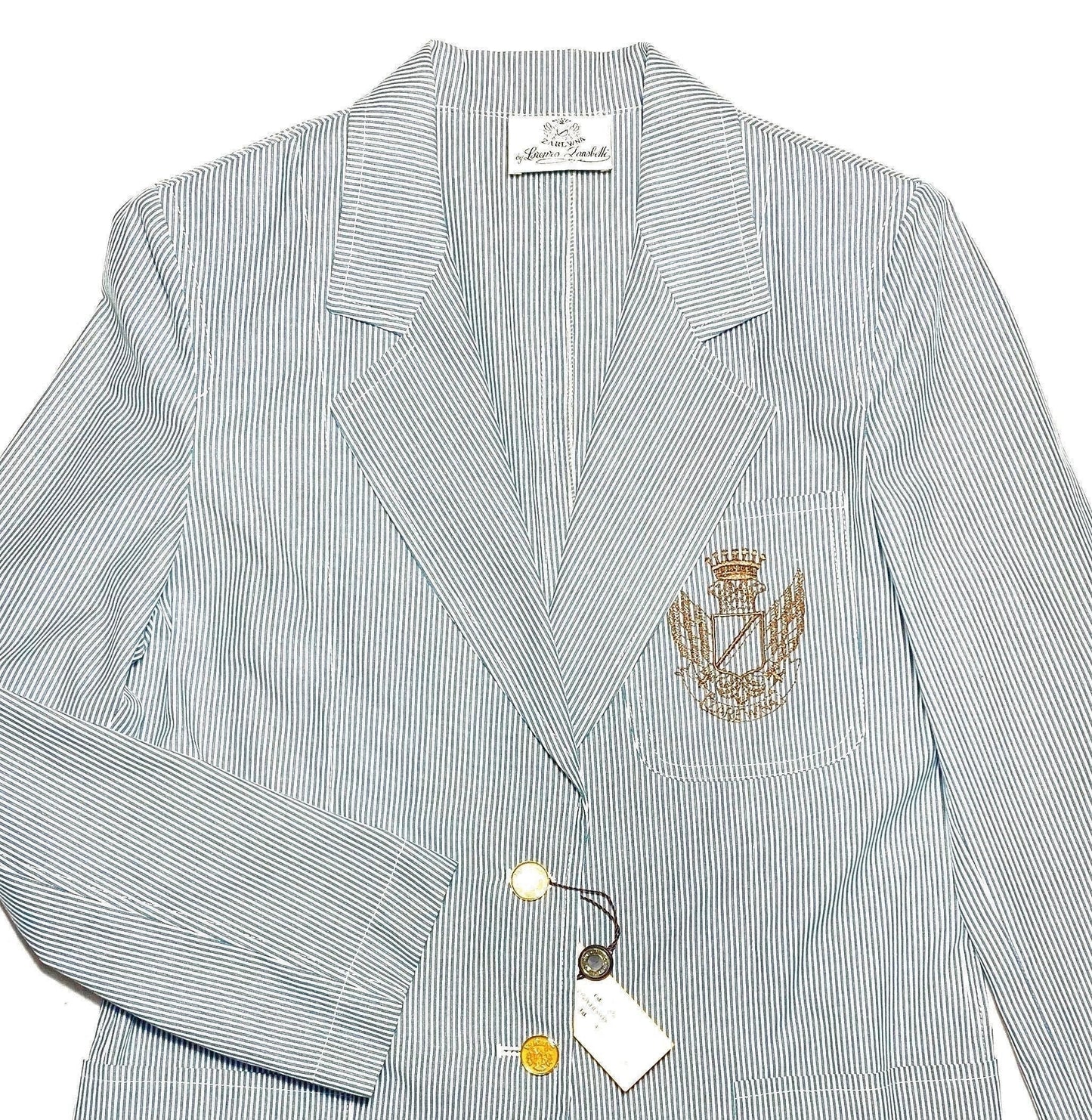 Lorenzo Zanabetti cotton striped yachting/college style embroidered royalty emblem blazer, Italy 80s NOS.