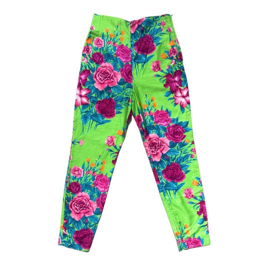 Complice by Dolce & Gabbana floral green cotton pant with pink roses and orange flowers print size 44 IT NOS 90s
