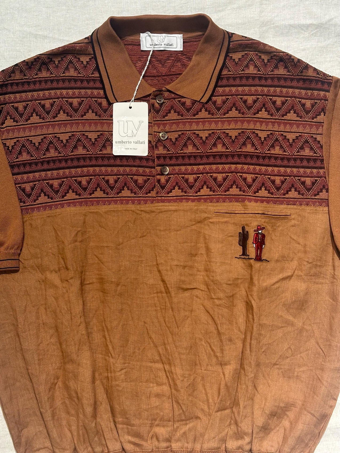 U.Vallati finest linen- Cotton knit polo shirt w Mexican embroidery, NOS 80s Italy