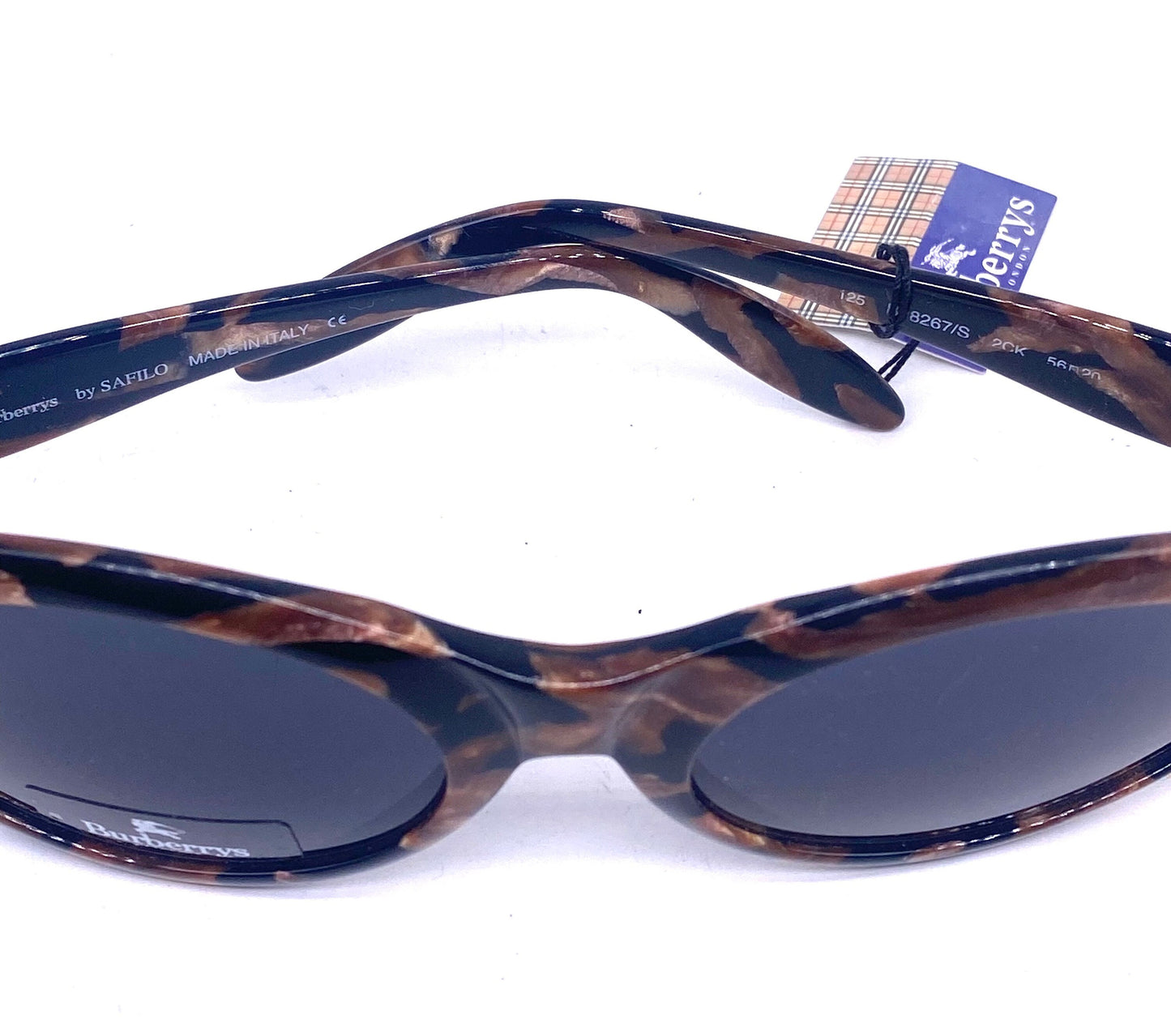 Burberrys oval wrap tortoise sunglasses w Carved logo on golden metal hinges , NOS 90s