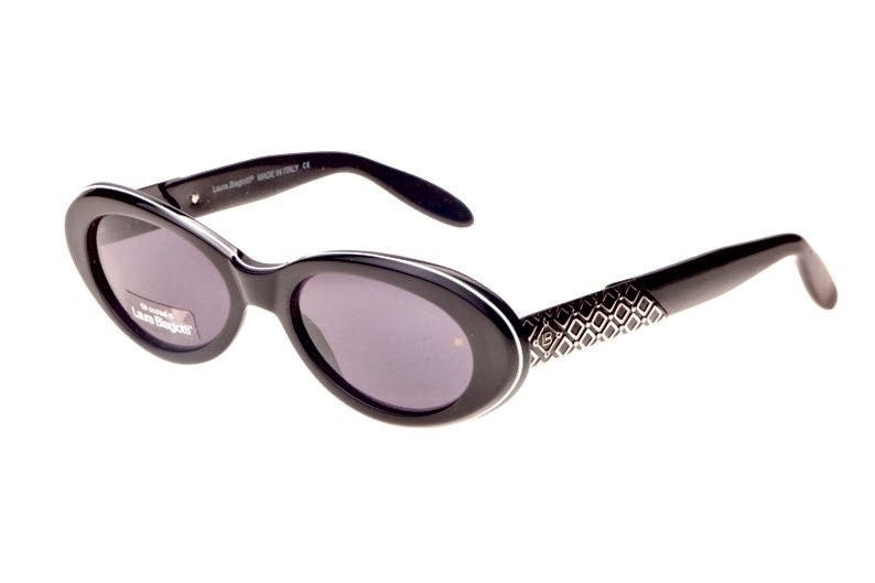 Laura Biagiotti black oval ladies sunglasses w gorgeous carved silver metal inserts, NOS 90s Italy
