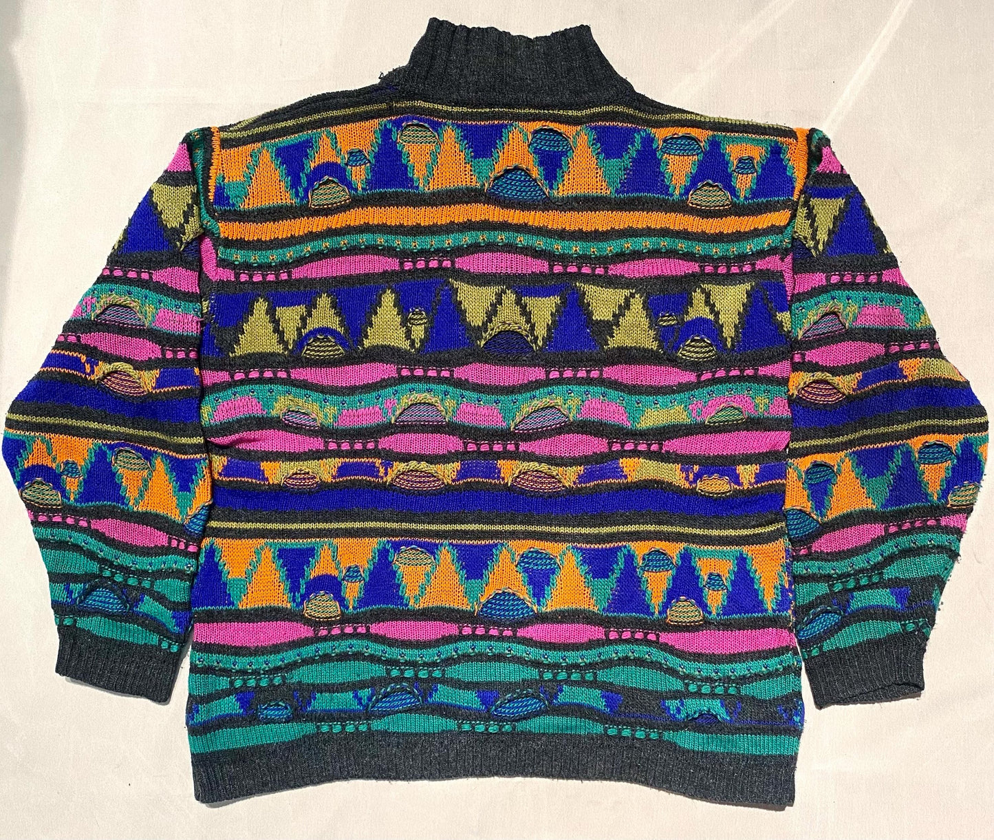 Hip-Hop bright Neon 3D knit turtleneck jumper, pure Coogi-colucci style, Sz M