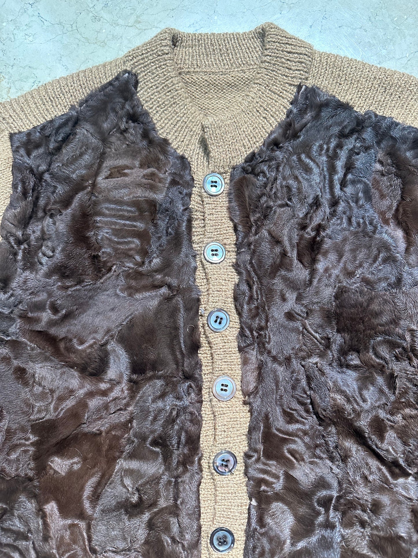 1970s handmade cardigan in brown astrakan fur & knitted wool, button up crewneck jumper, mint sz 44