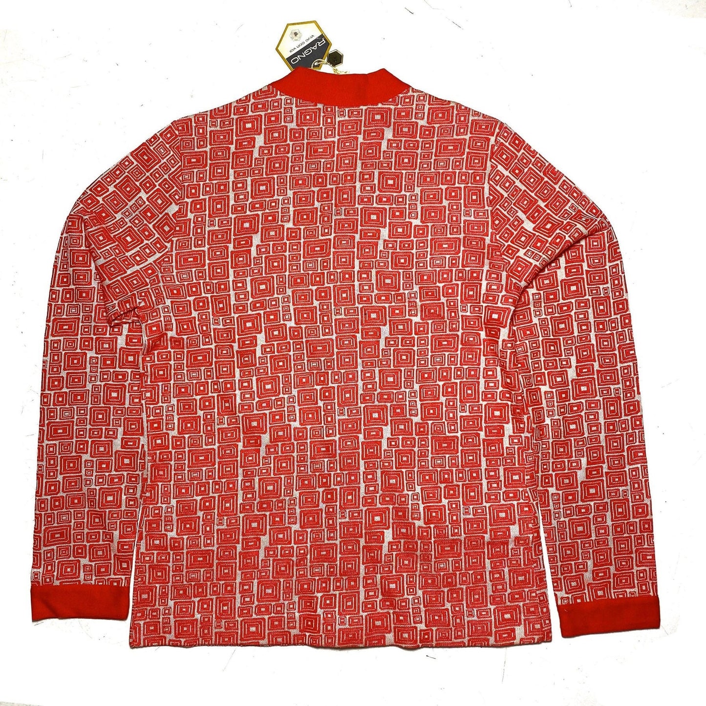 Ragno 1960s BNWT cotton cardigan, op-art red-white jacquard allover, minty