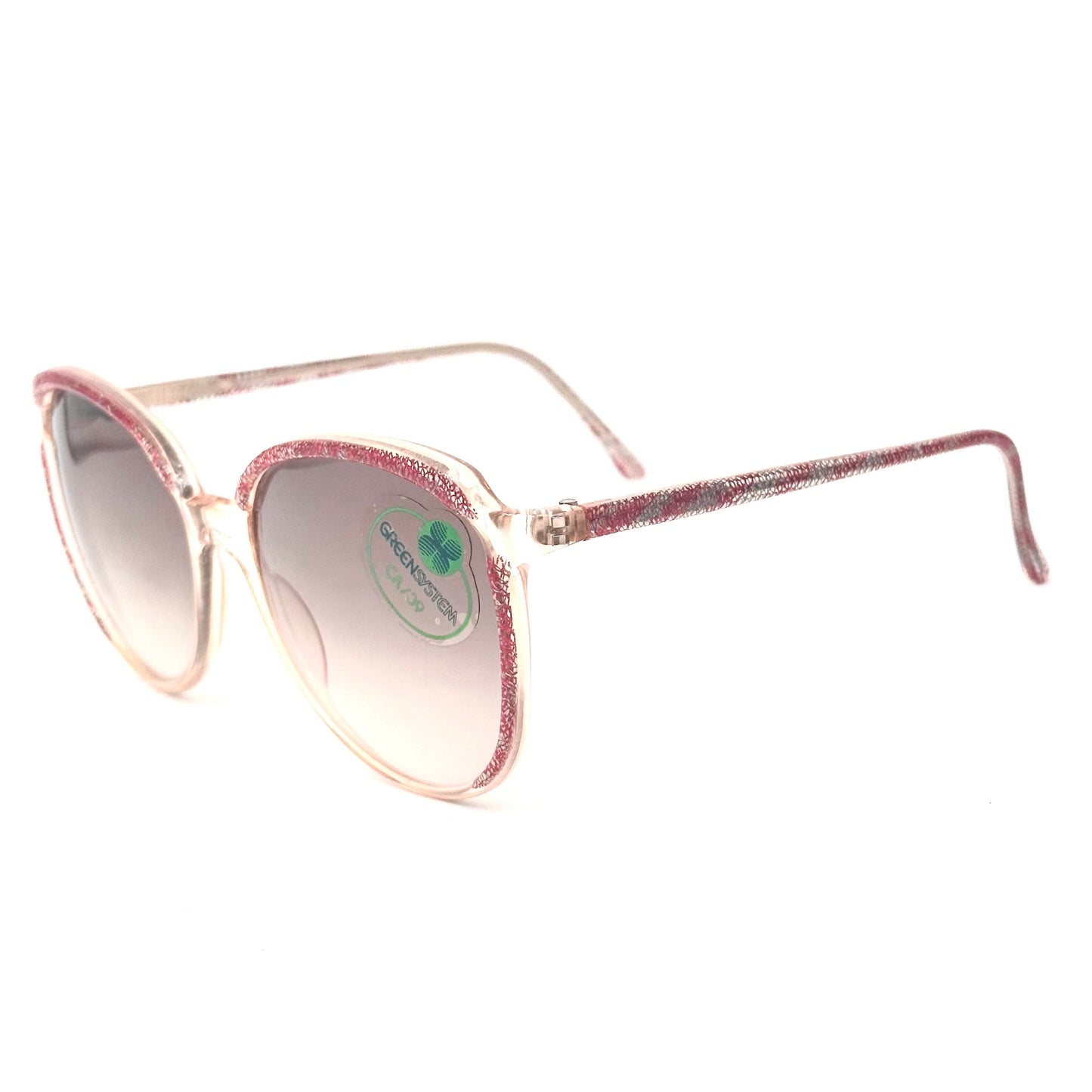 Missoni M58S red organic fantasy sunglasses w real fabric inlaid in the clear frames, NOS 80s Italy